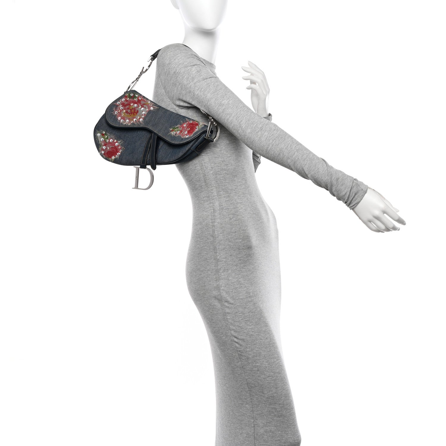 Christian Dior Denim Crystal Floral Embroidered Saddle Bag
