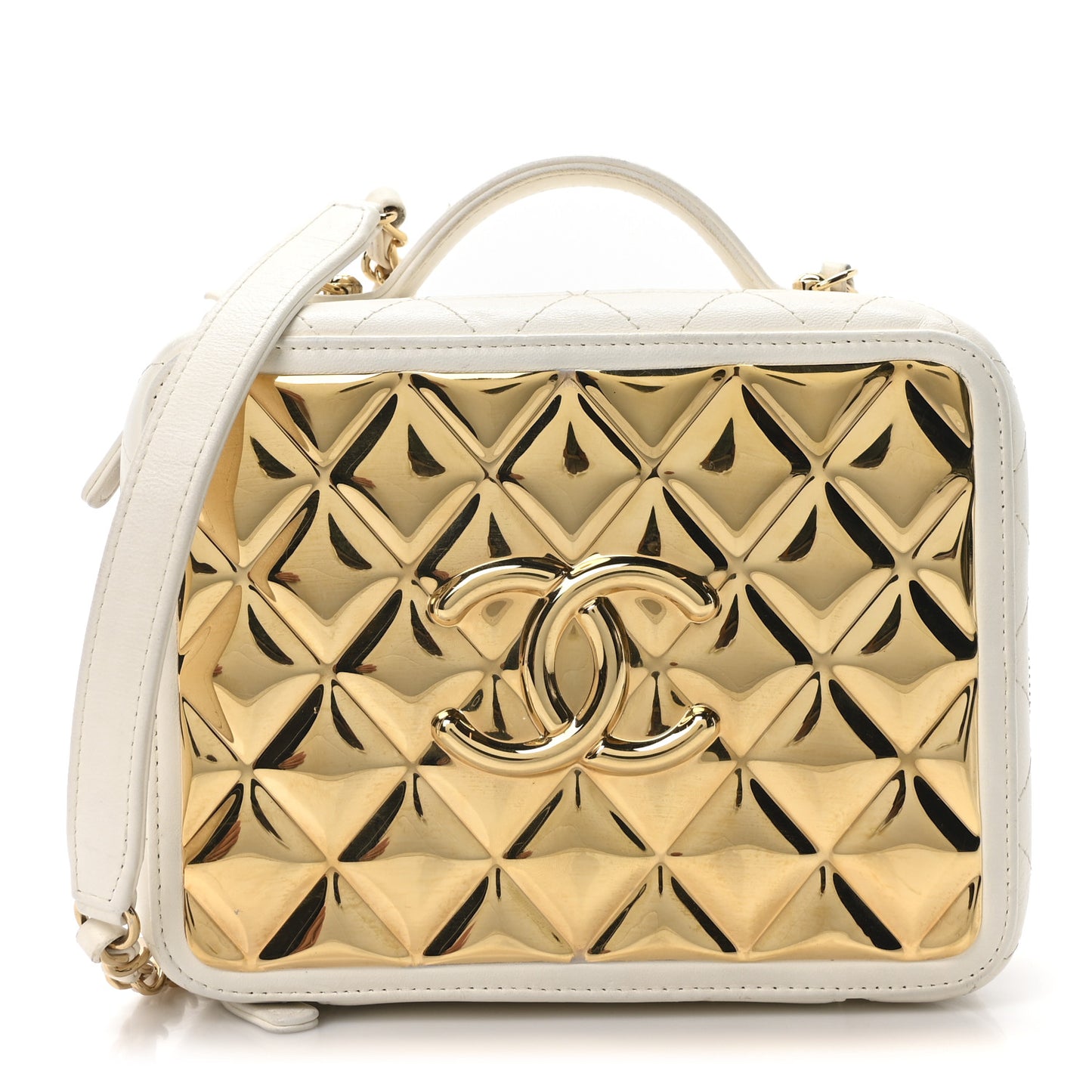Lambskin Quilted Golden Plate Vanity Case White Gold