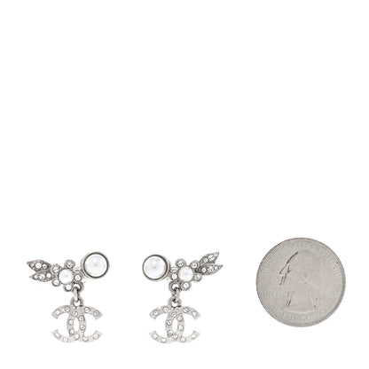 Chanel Crystal Pearl CC Leaf Earrings Silver 3 of 6