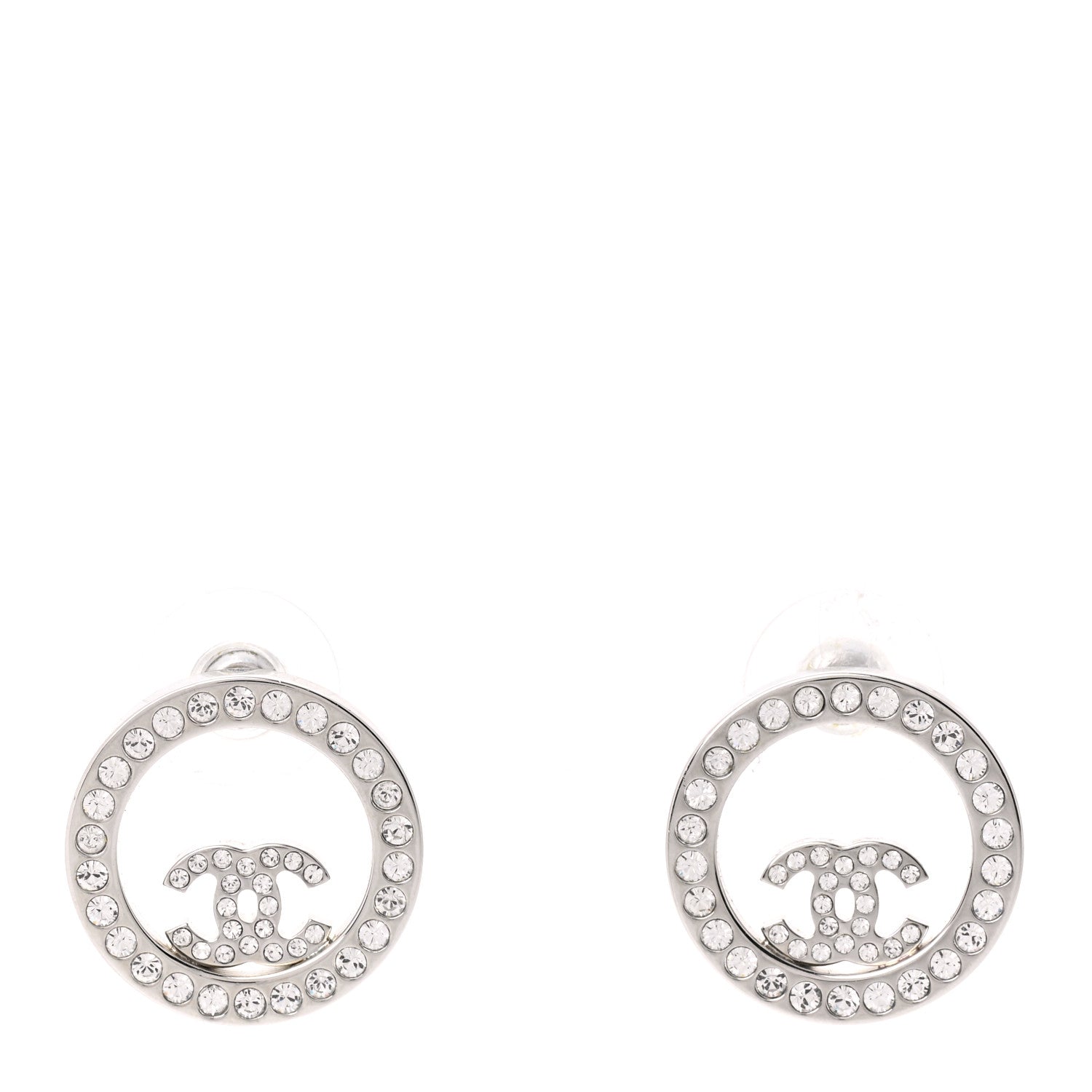 Chanel Crystal CC Round Earrings Silver 1 of 5