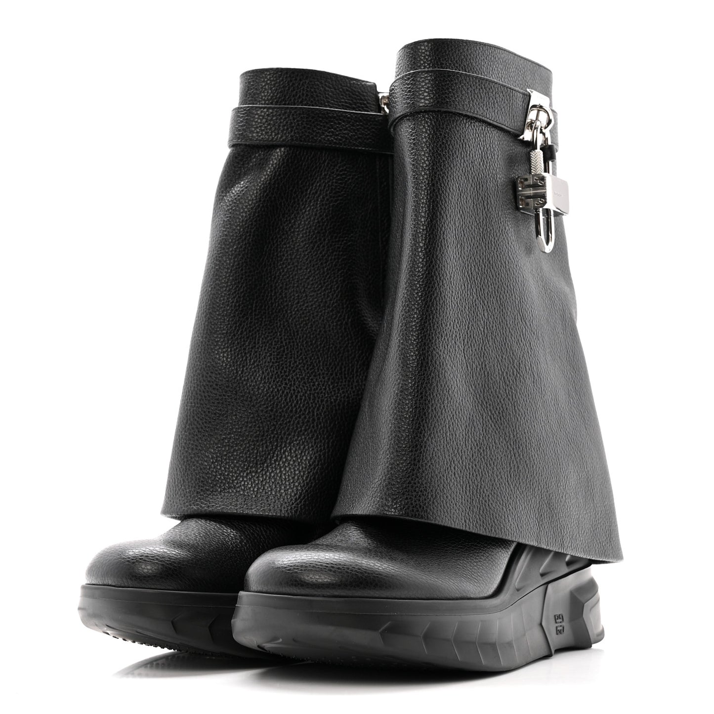 Grained Calfskin Shark Lock Biker Ankle Boots 37 Black