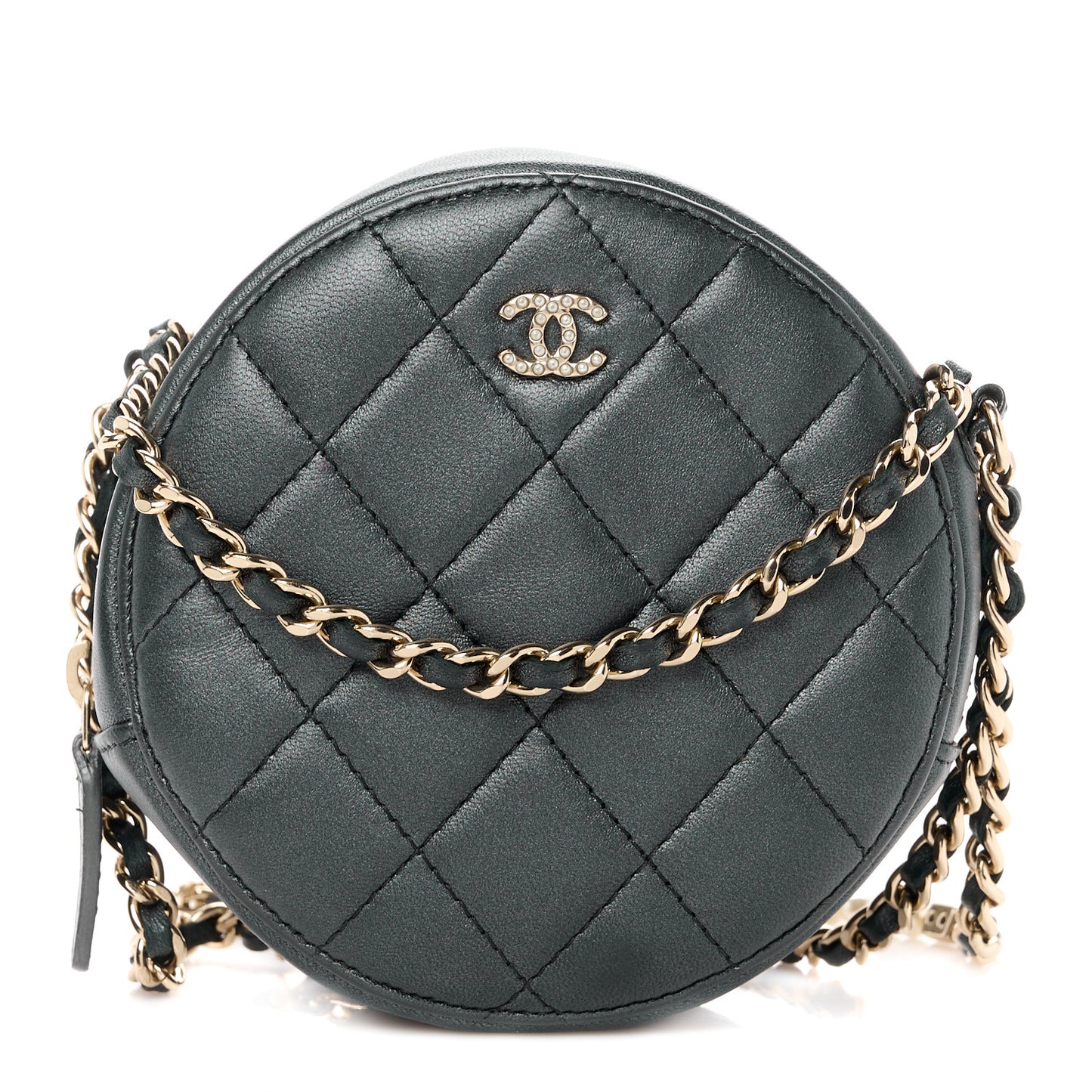 Iridescent Lambskin Quilted Pearl Round Clutch With Chain Black