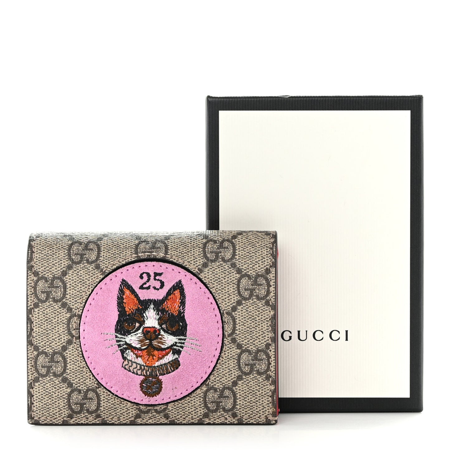 GG Supreme Monogram Bosco Patch Card Case Wallet Beige Malva Hibiscus Red