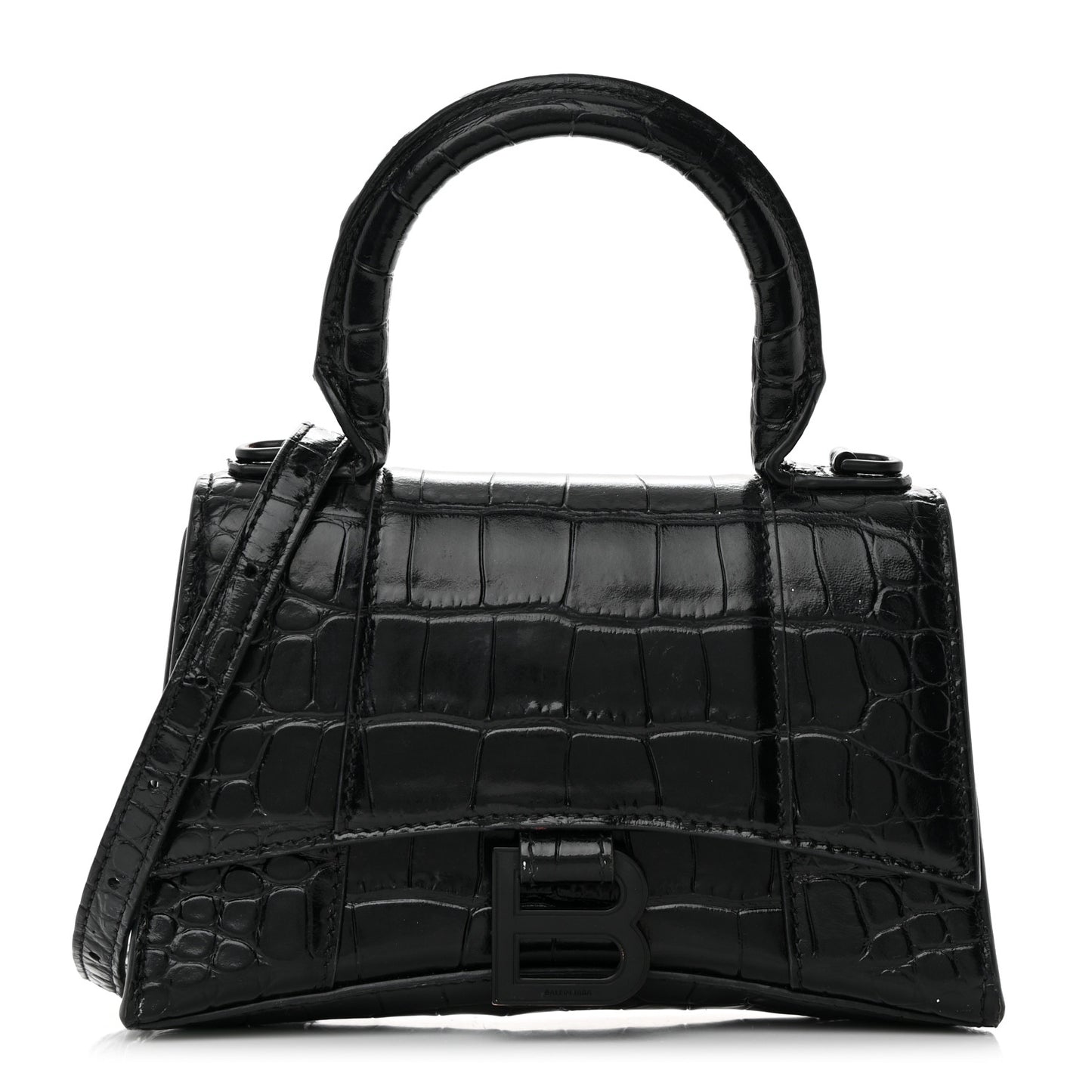 Shiny Calfskin Monochrome Crocodile Embossed Hourglass Top Handle Bag XS Black