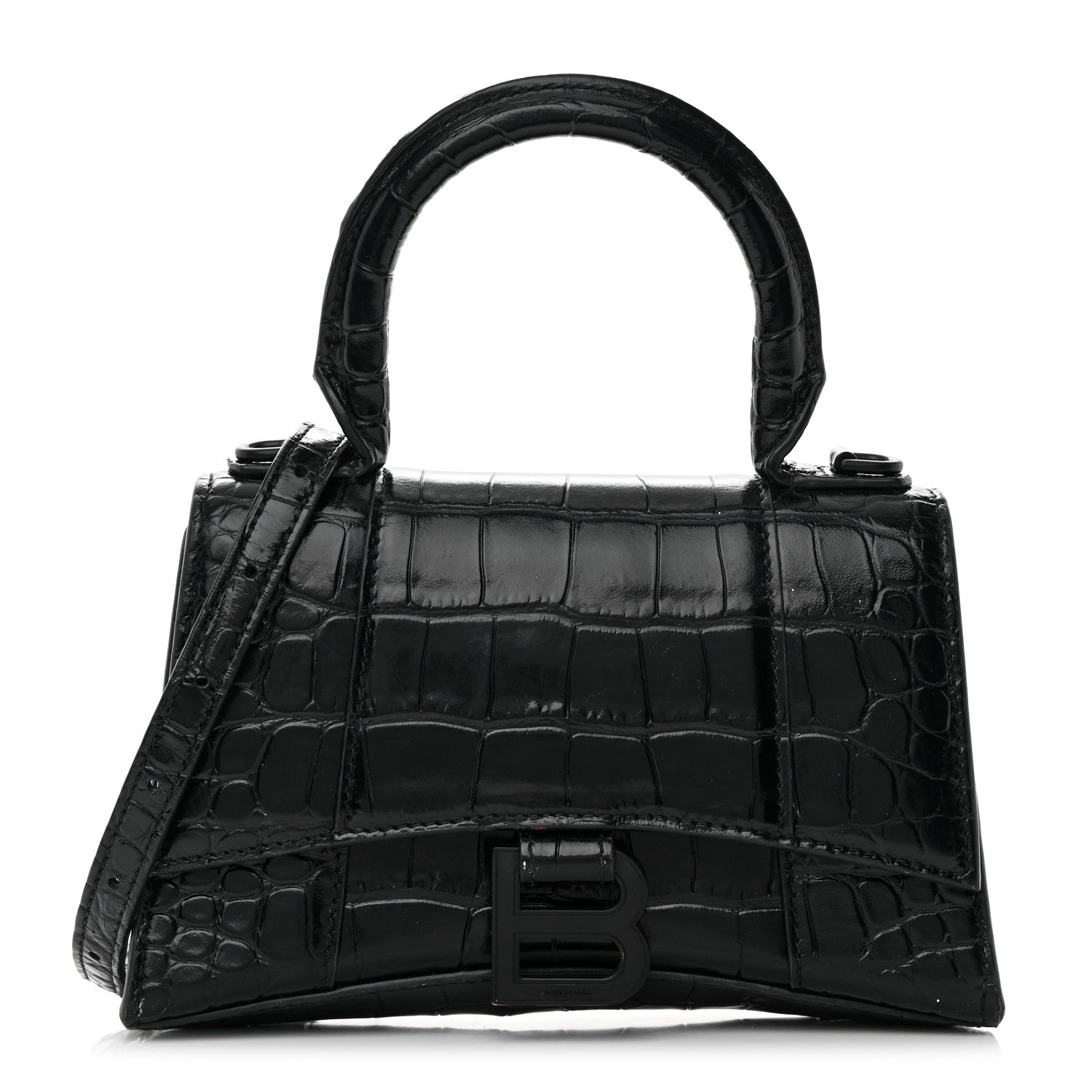 Balenciaga Shiny Calfskin Monochrome Crocodile Embossed Hourglass Top Handle Bag XS Black 1 of 25