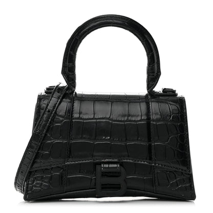 Balenciaga Shiny Calfskin Monochrome Crocodile Embossed Hourglass Top Handle Bag XS Black 1 of 25