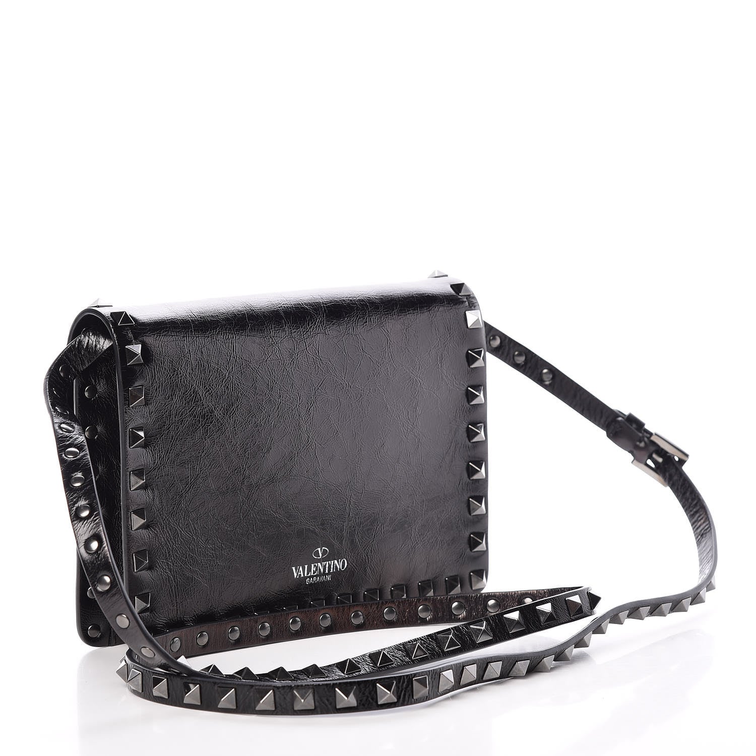 Valentino Garavani Craquele Calfskin Rockstud Shoulder Flap Bag Black 3 of 8