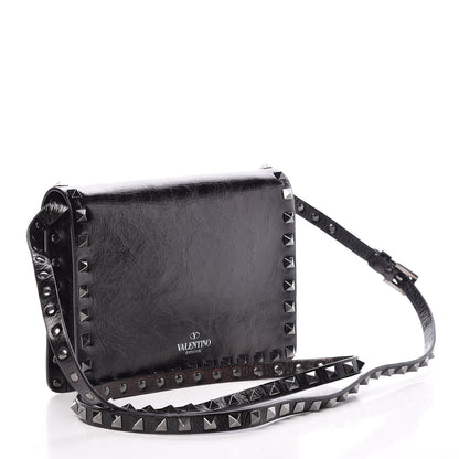 Valentino Garavani Craquele Calfskin Rockstud Shoulder Flap Bag Black 3 of 8