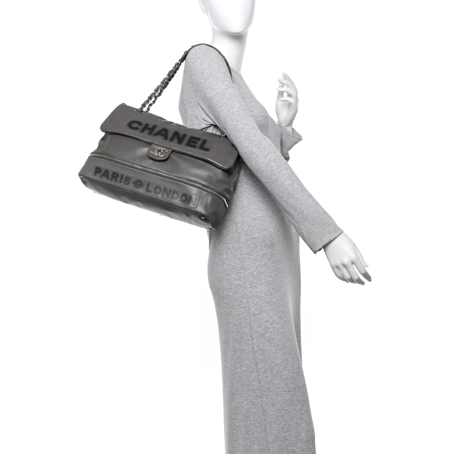 Calfskin Large Expandable Paris London Flap Bag Grey