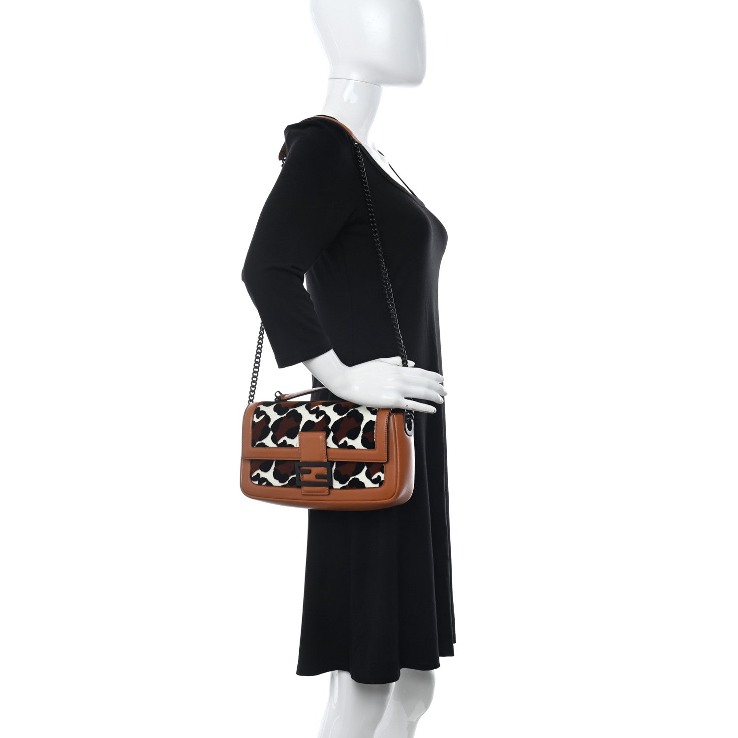 Fendi Vitello Grace Nappa Enamel Leopard Chain Baguette Ice White Multicolor Brandy Black 2 of 12