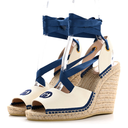 Gucci Canvas GG Ankle Wrap Platform Espadrille Wedges 40 Mystic White Royale Blue 4 of 10