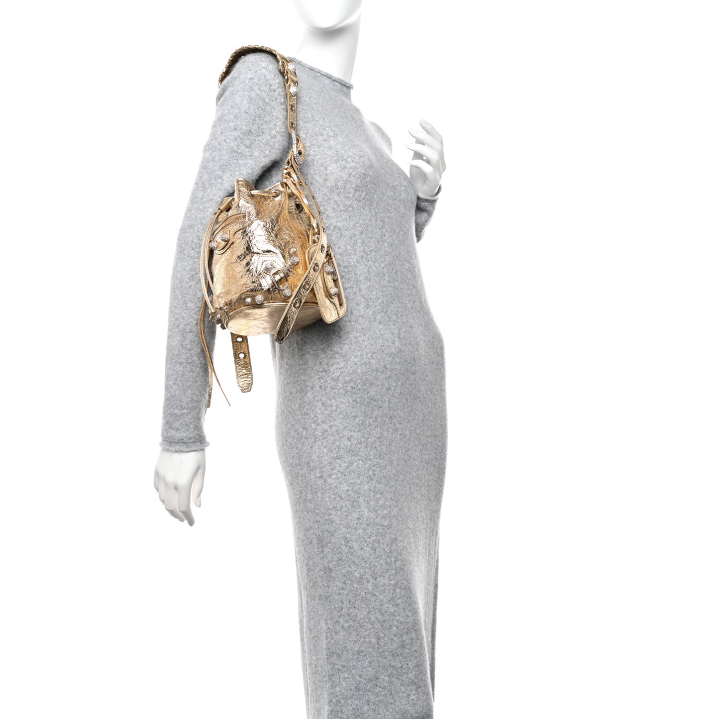 Metallic Agneau Arena Crystal Le Cagole Bucket Bag XS Light Gold