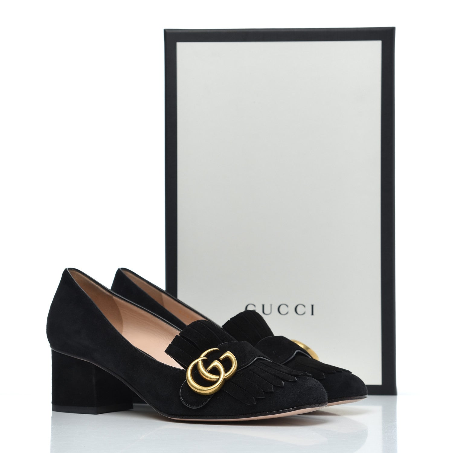 Gucci Kid Scamosciato GG Marmont Fringe 50mm Loafer Pumps 36.5 Black 20 of 20