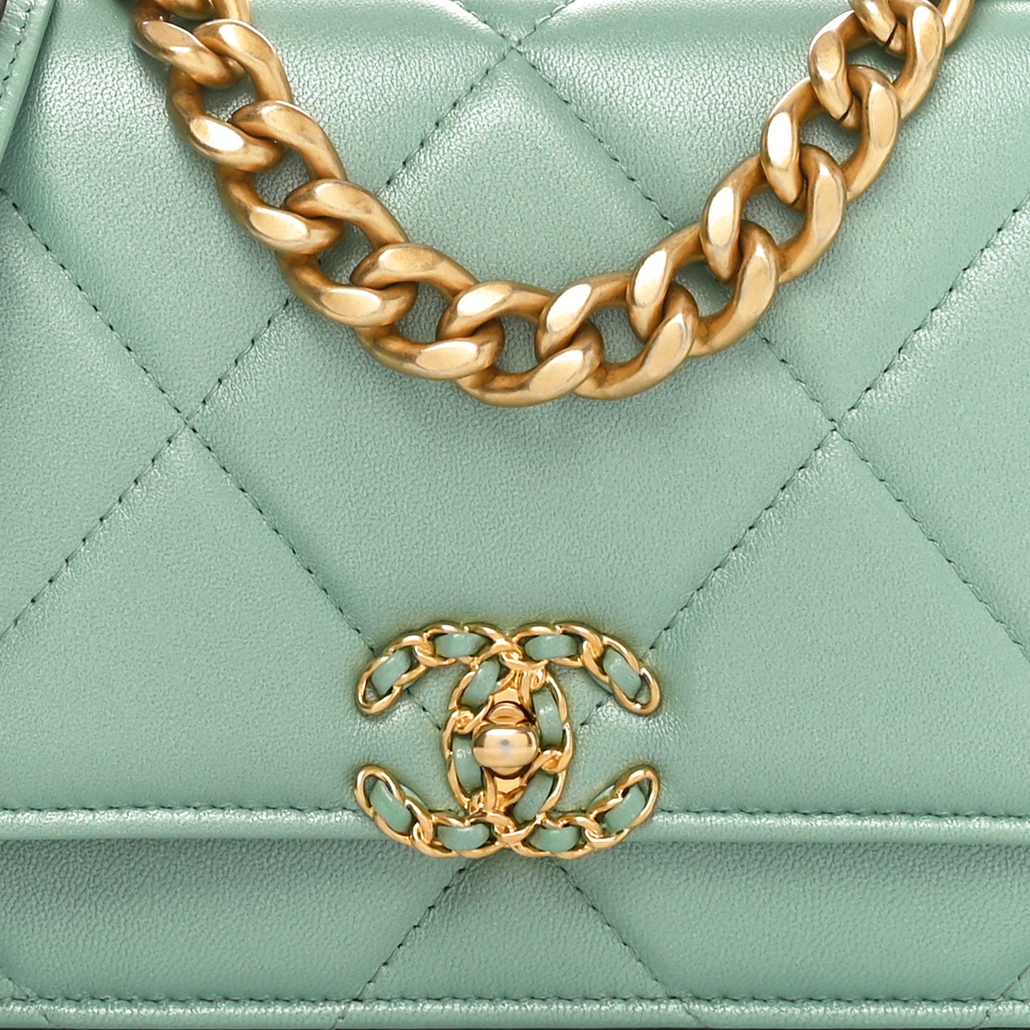 Shiny Lambskin Quilted Chanel 19 Wallet On Chain WOC Light Green