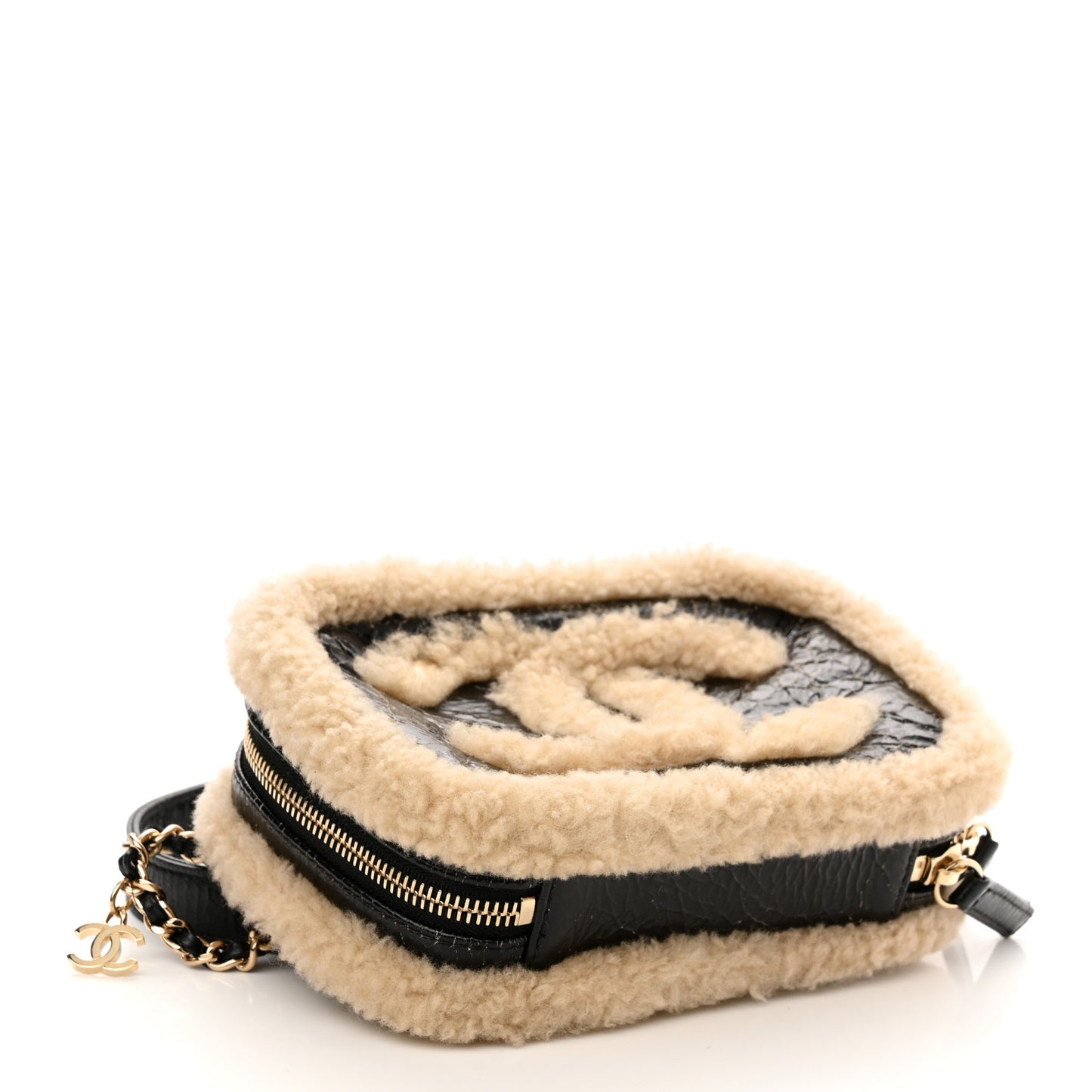 Shiny Crumpled Sheepskin Shearling Waist Bag Black Beige