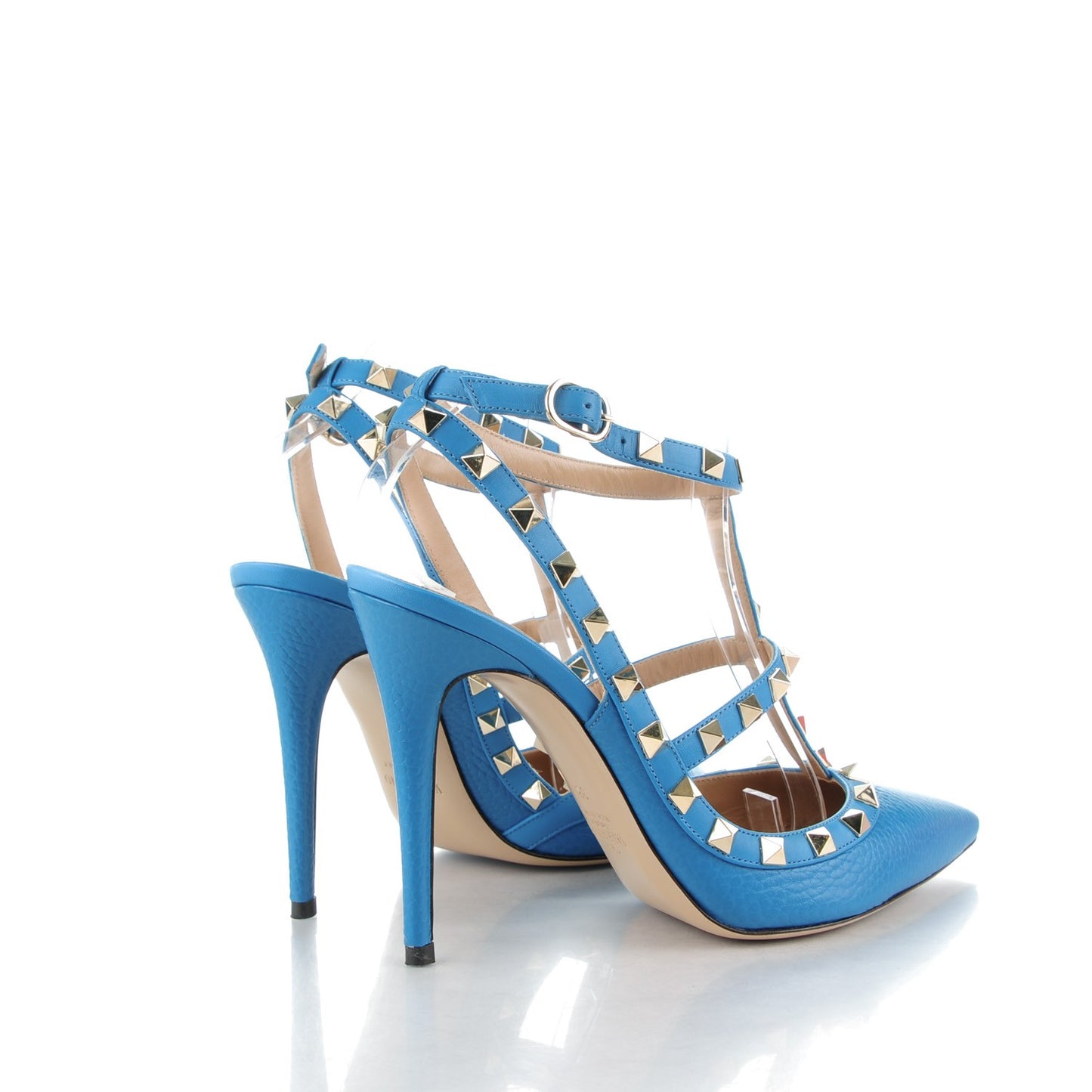 Pebbled Calfskin Rockstud Ankle Strap Pumps 38 Light Blue