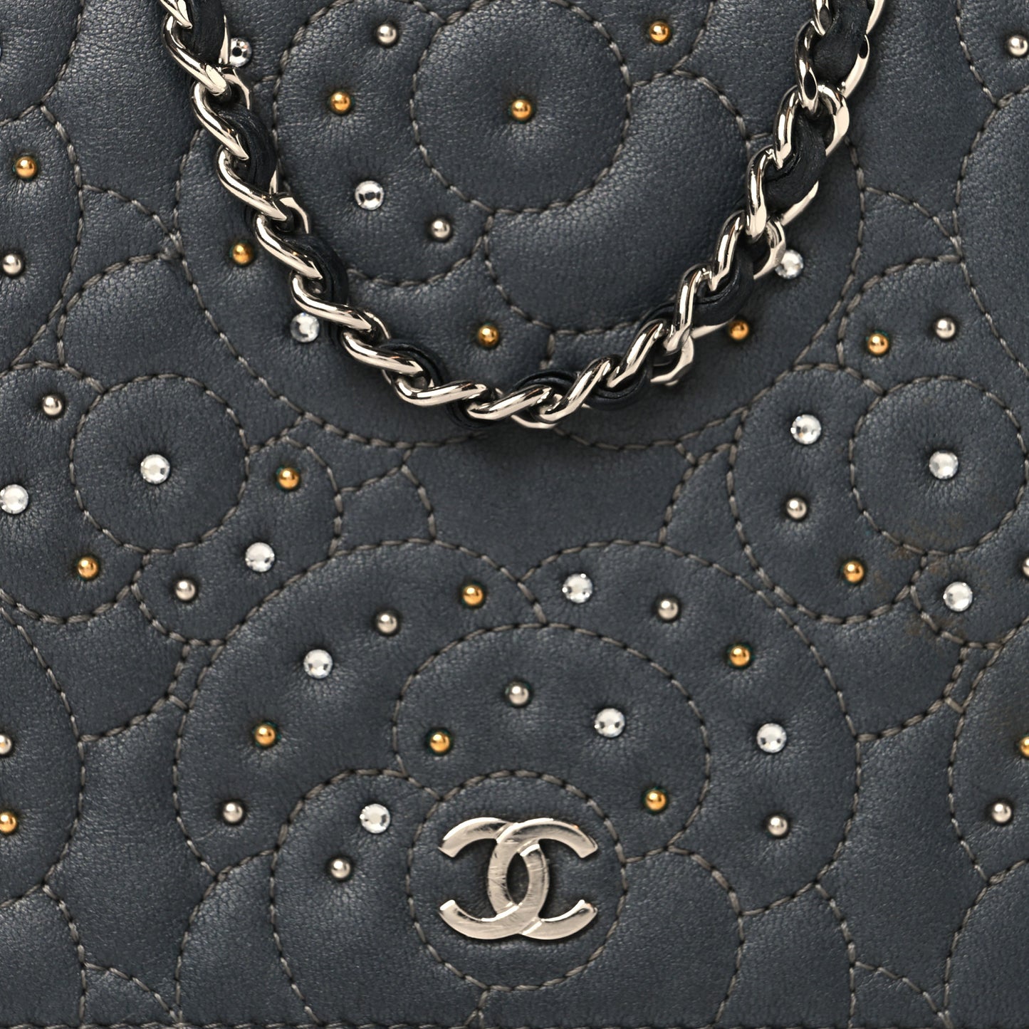 Lambskin Camellia Studded Wallet on Chain WOC Grey