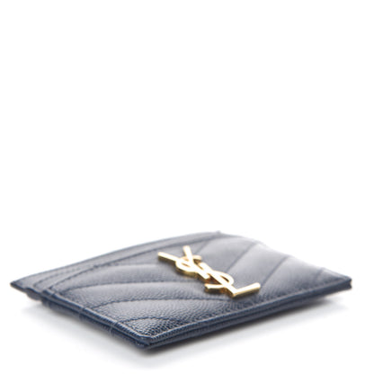 Saint Laurent Grain De Poudre Matelasse Chevron Monogram Credit Card Case Navy 4 of 9