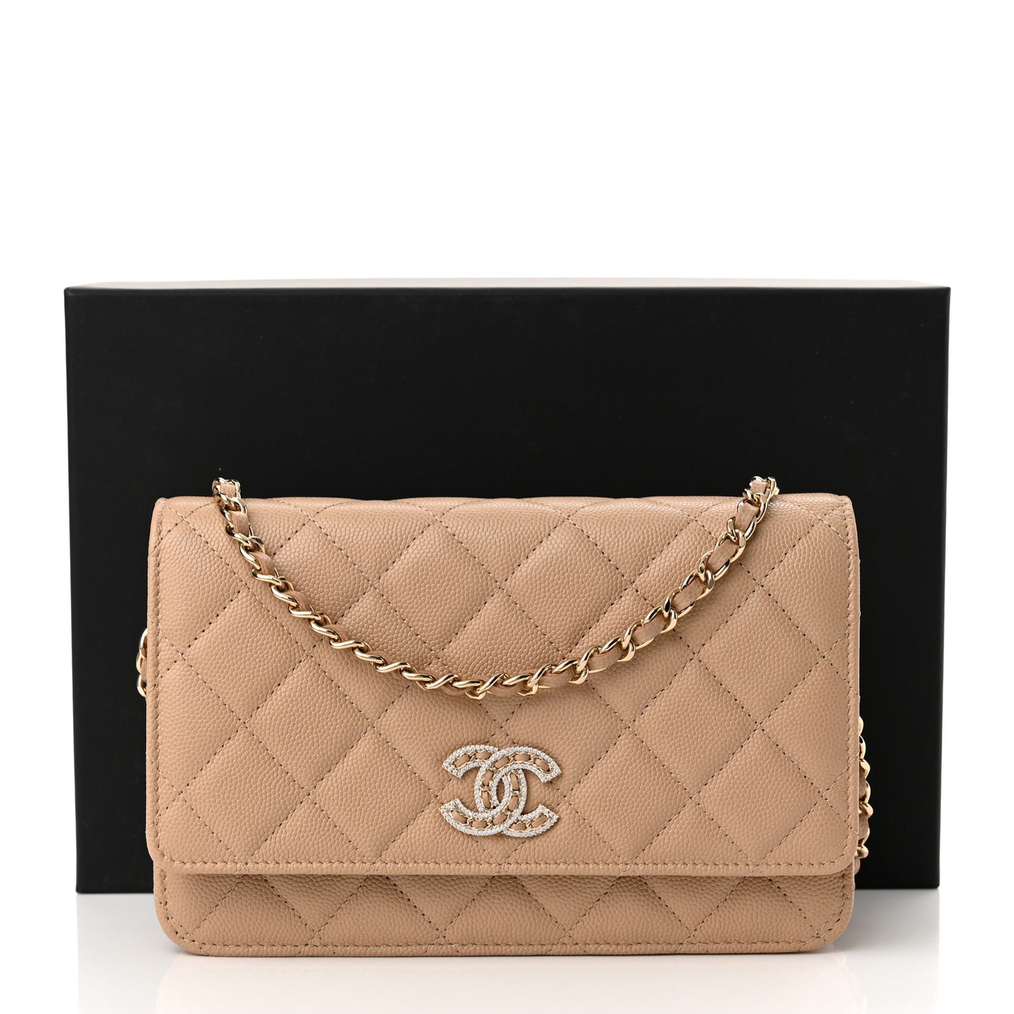 Caviar Quilted Crystal CC Wallet On Chain WOC Beige