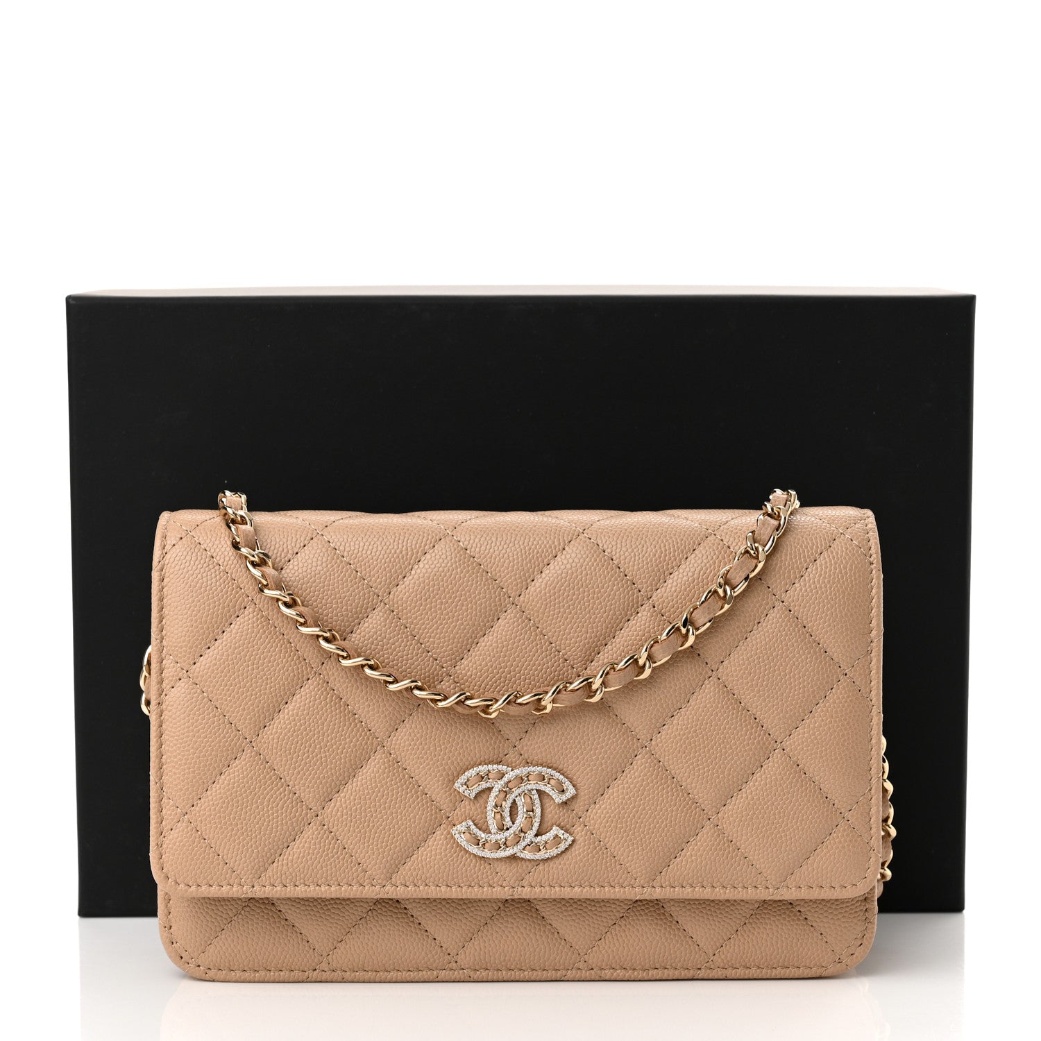 Chanel Caviar Quilted Crystal CC Wallet On Chain WOC Beige 12 of 12