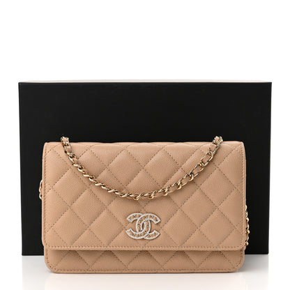 Chanel Caviar Quilted Crystal CC Wallet On Chain WOC Beige 12 of 12