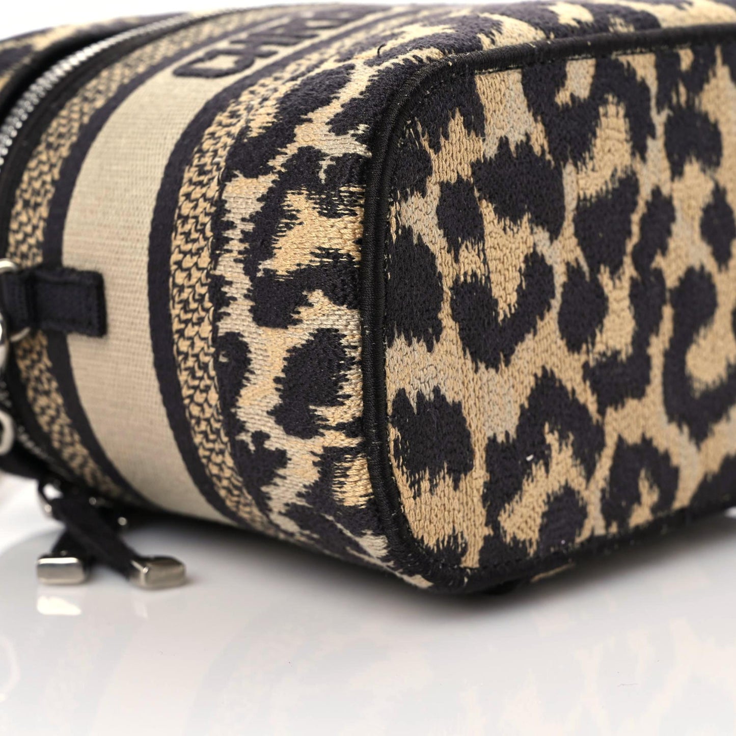 Canvas Mizza Embroidered Small Leopard Travel Vanity Case Beige