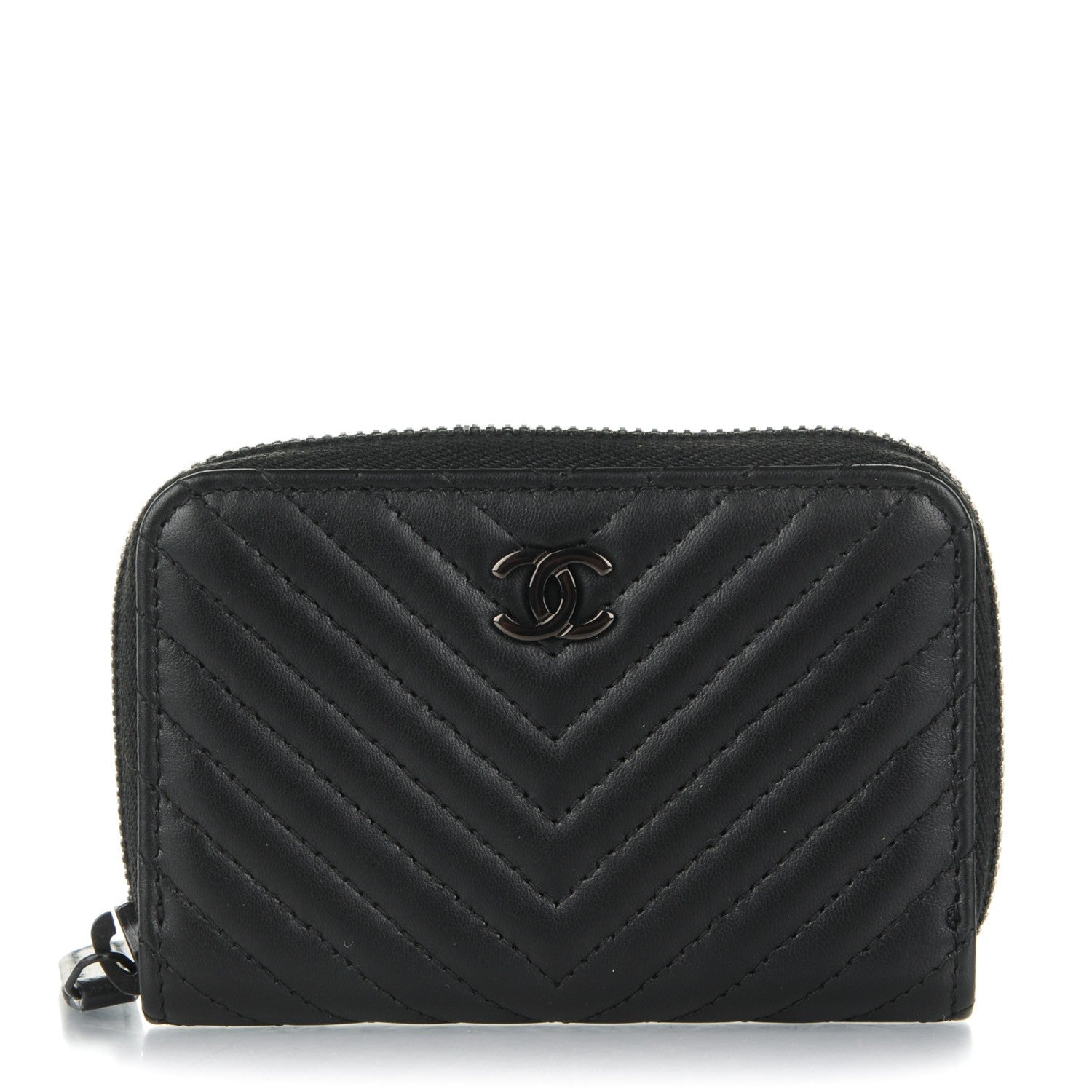 Chanel Lambskin Chevron Quilted Zip Around Coin Purse So Black 1 of 7