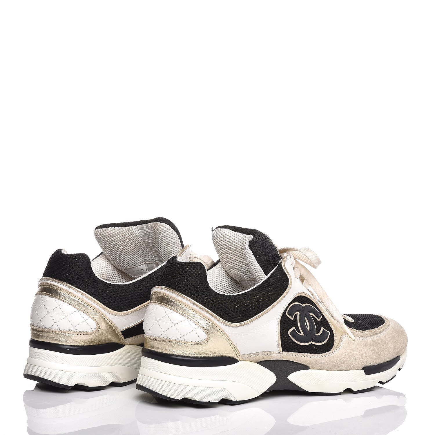 Chanel Suede Calfskin Womens CC Sneakers 37.5 Black White Gold 4 of 7