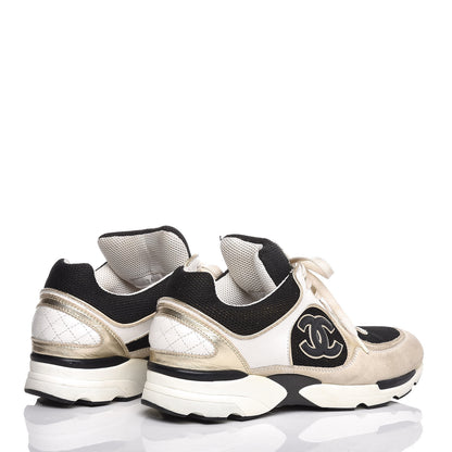 Chanel Suede Calfskin Womens CC Sneakers 37.5 Black White Gold 4 of 7