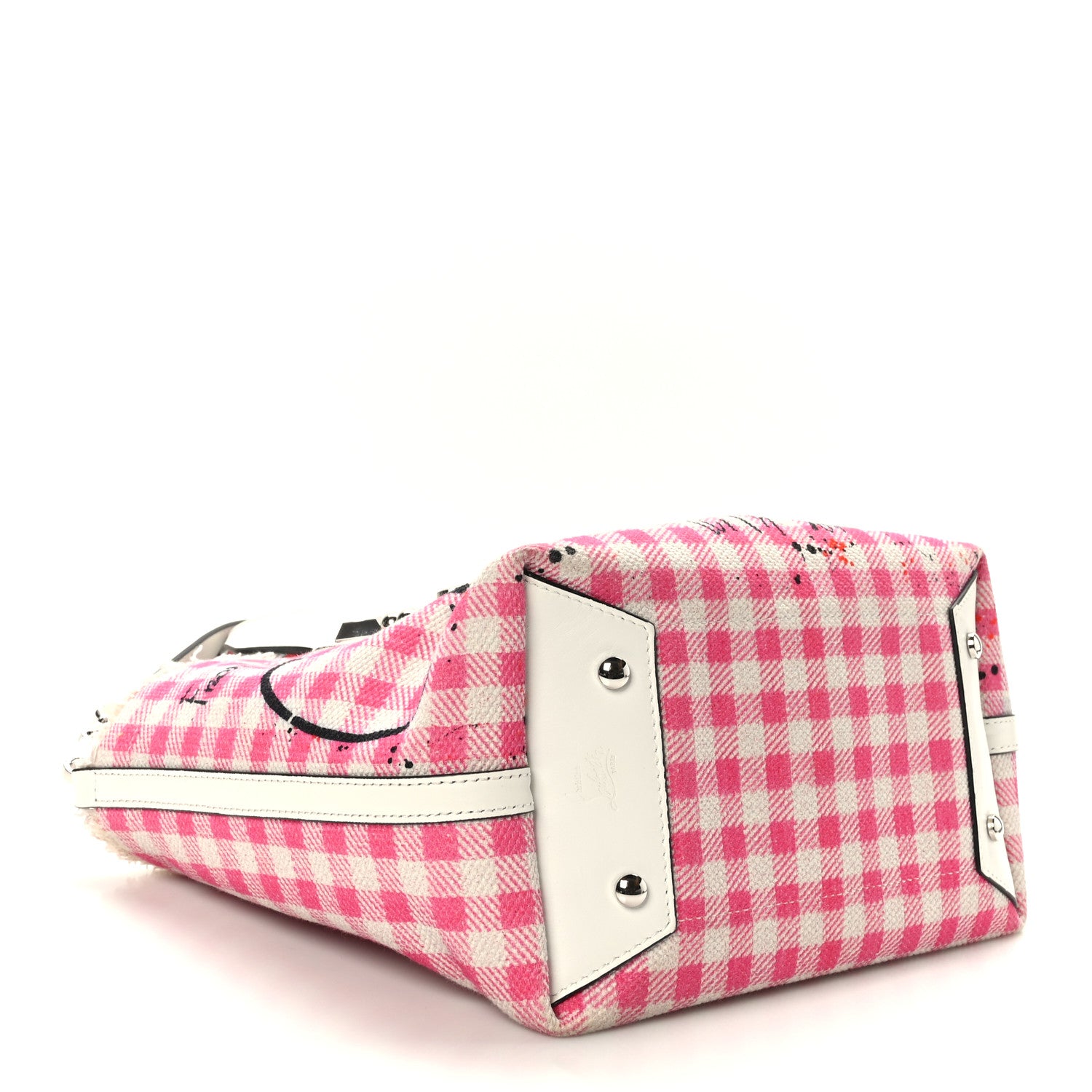 Christian Louboutin Canvas Gingham Printed Mini Frangibus Tote Pink White 4 of 7