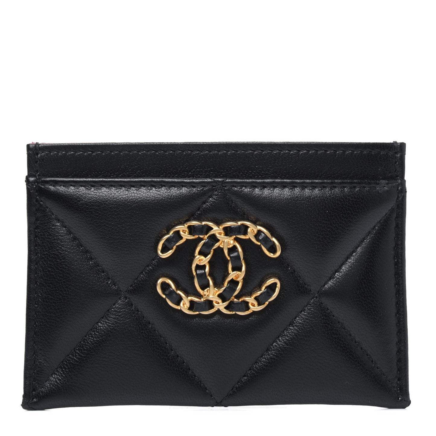 Shiny Goatskin Quilted Chanel 19 Card Holder Black