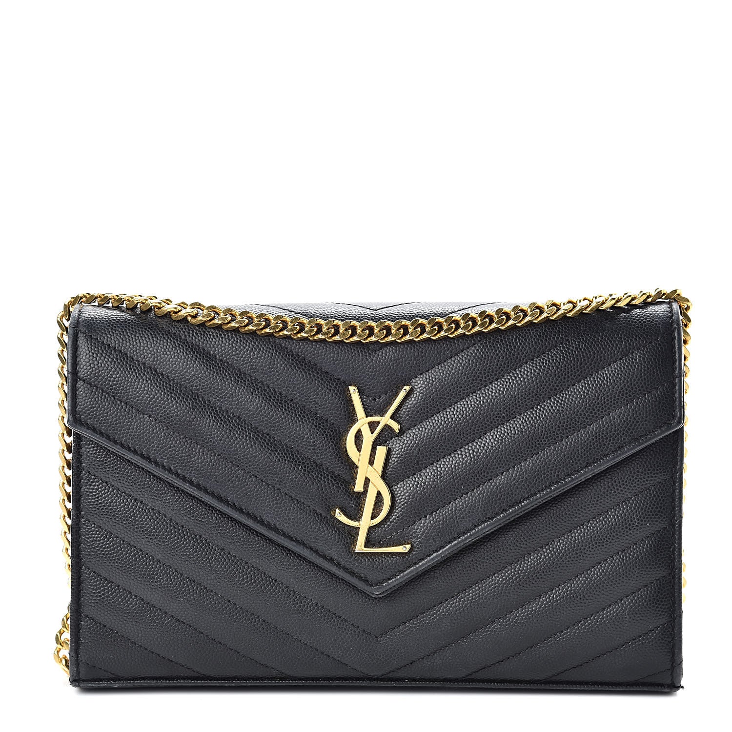 Saint Laurent Grain De Poudre Matelasse Chevron Monogram Chain Wallet Black 1 of 12
