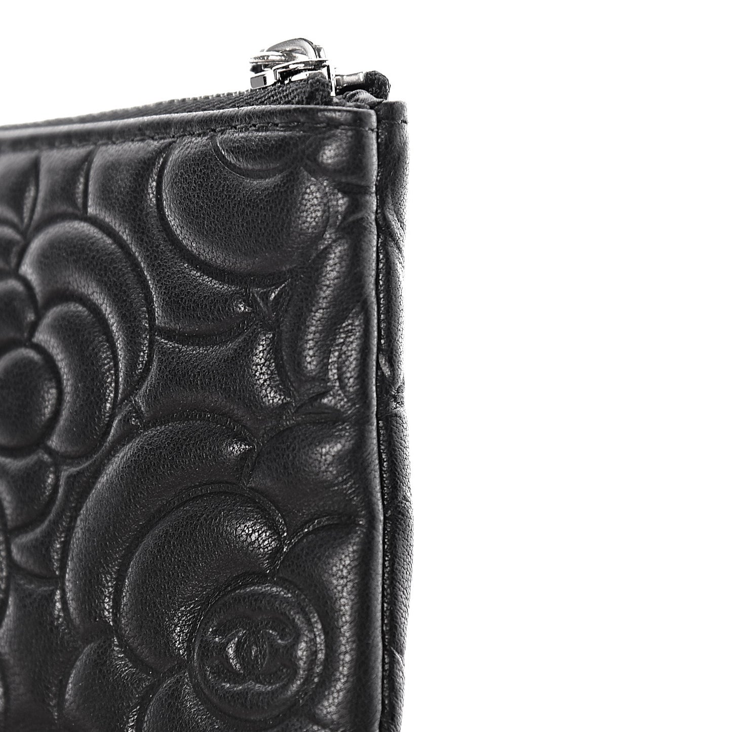 Goatskin Camellia Embossed Cosmetic Pouch Black