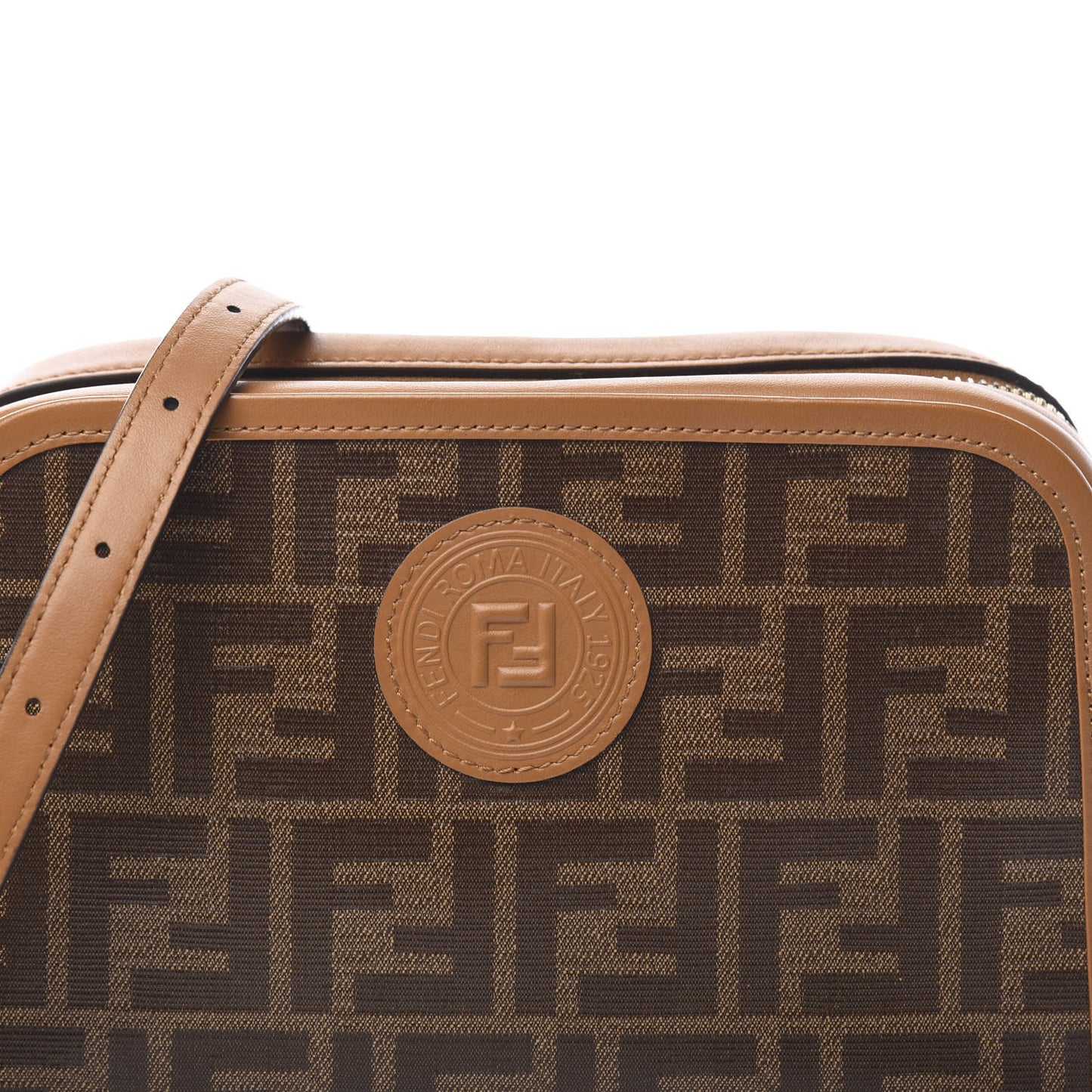Glazed Fabric Vitello Century FF 1974 Stamp Patch Camera Case Mogano Panna Caramello