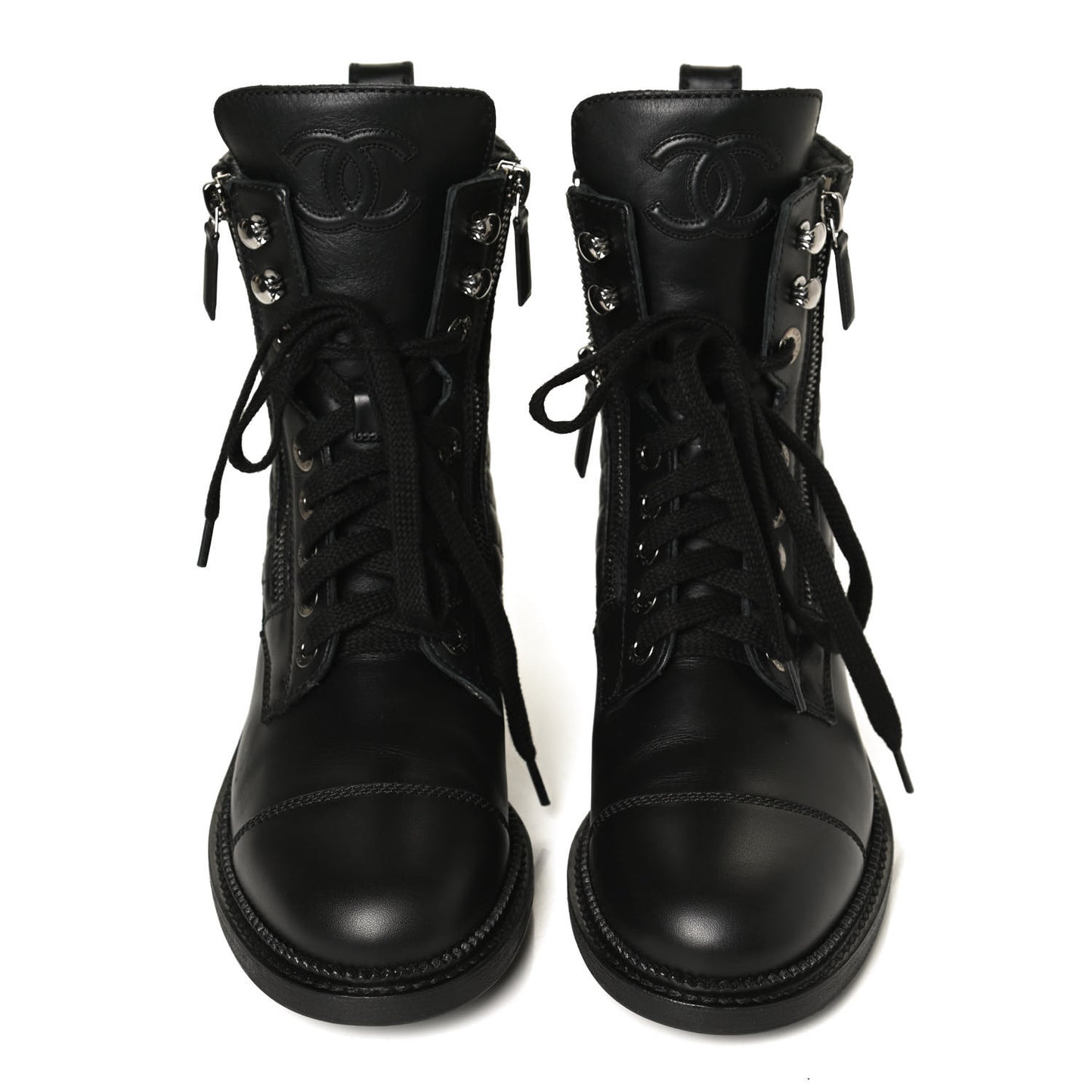 Calfskin Quilted Lace Up Combat Boots 36 Black