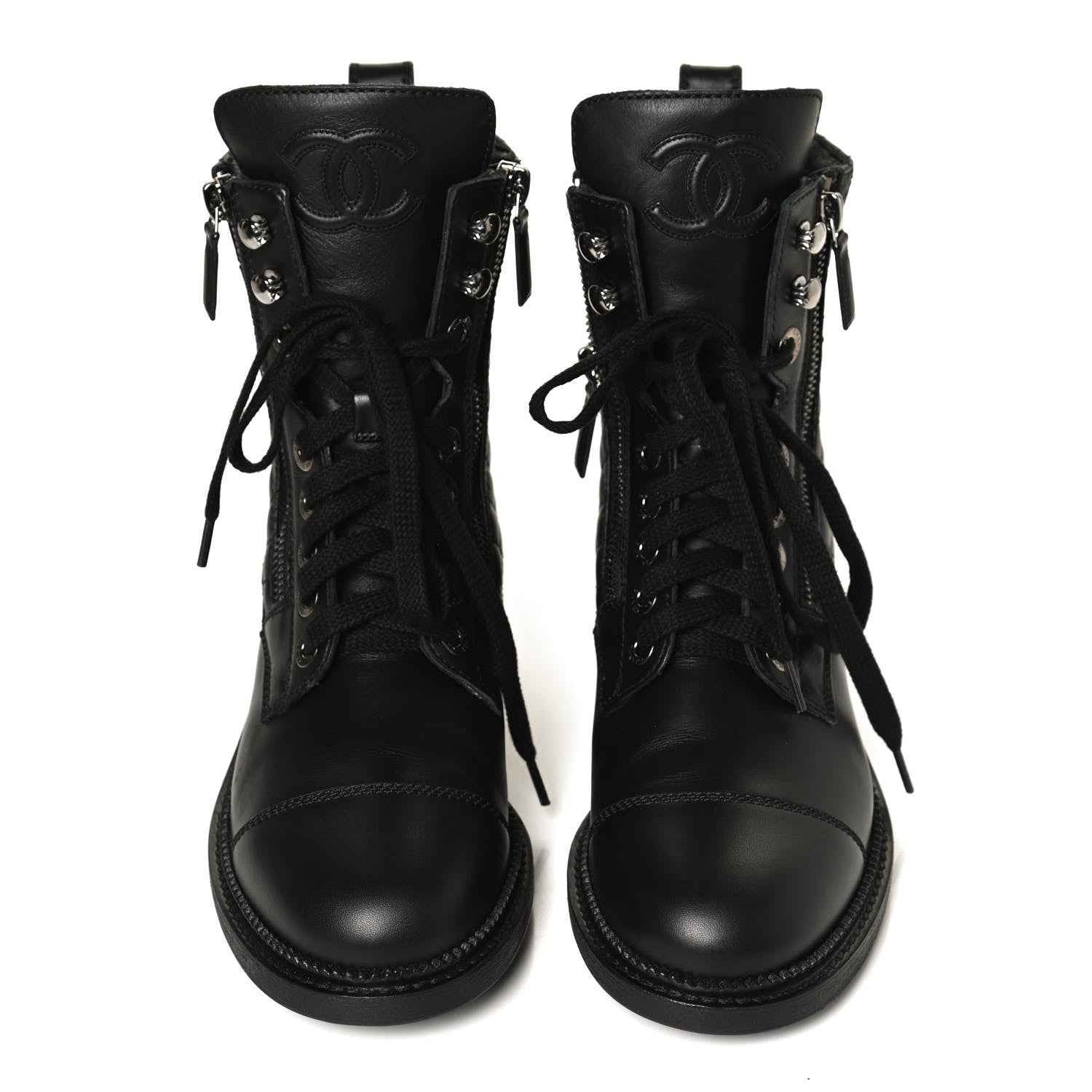 Chanel Calfskin Quilted Lace Up Combat Boots 36 Black 5 of 14