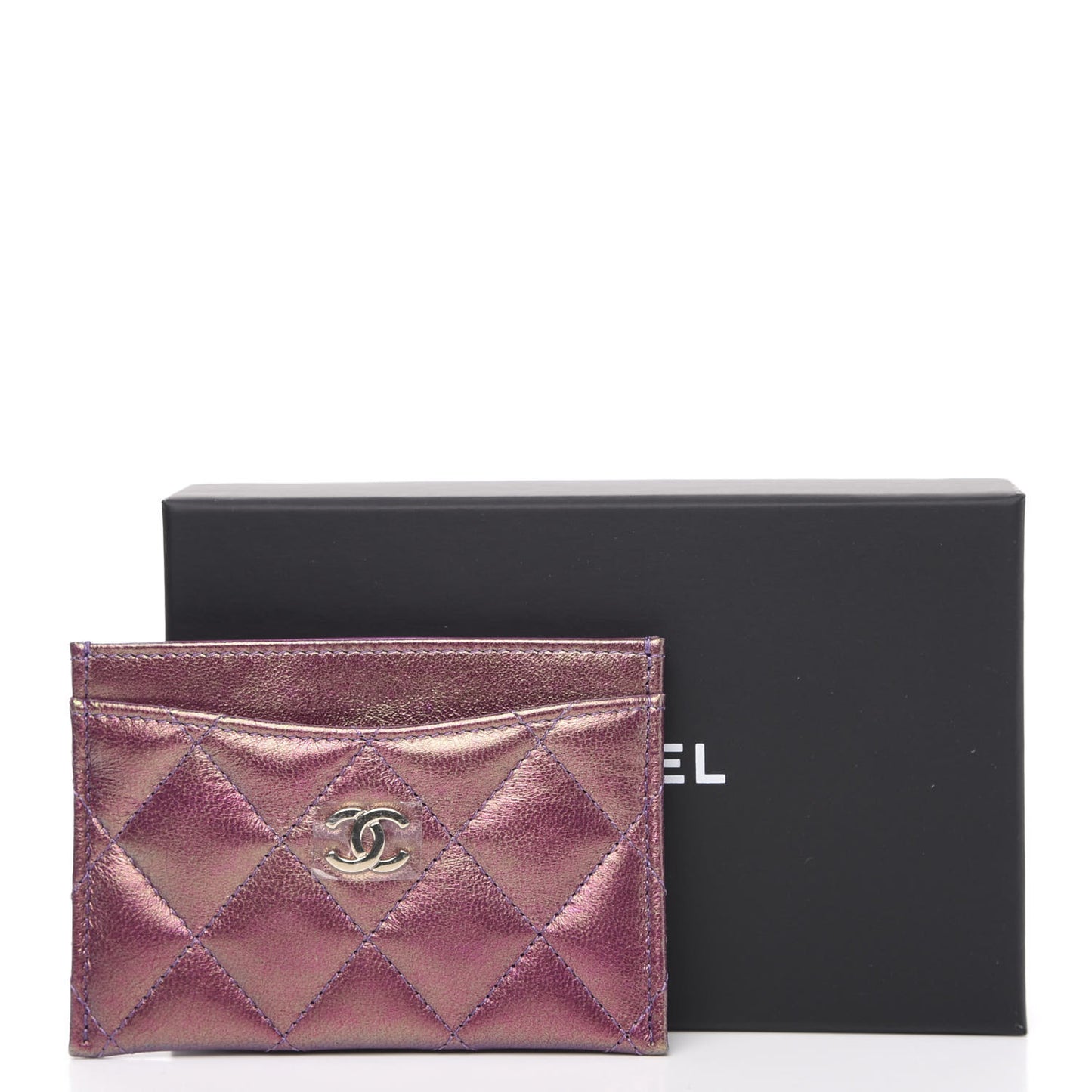 Iridescent Lambskin Quilted Card Holder Purple