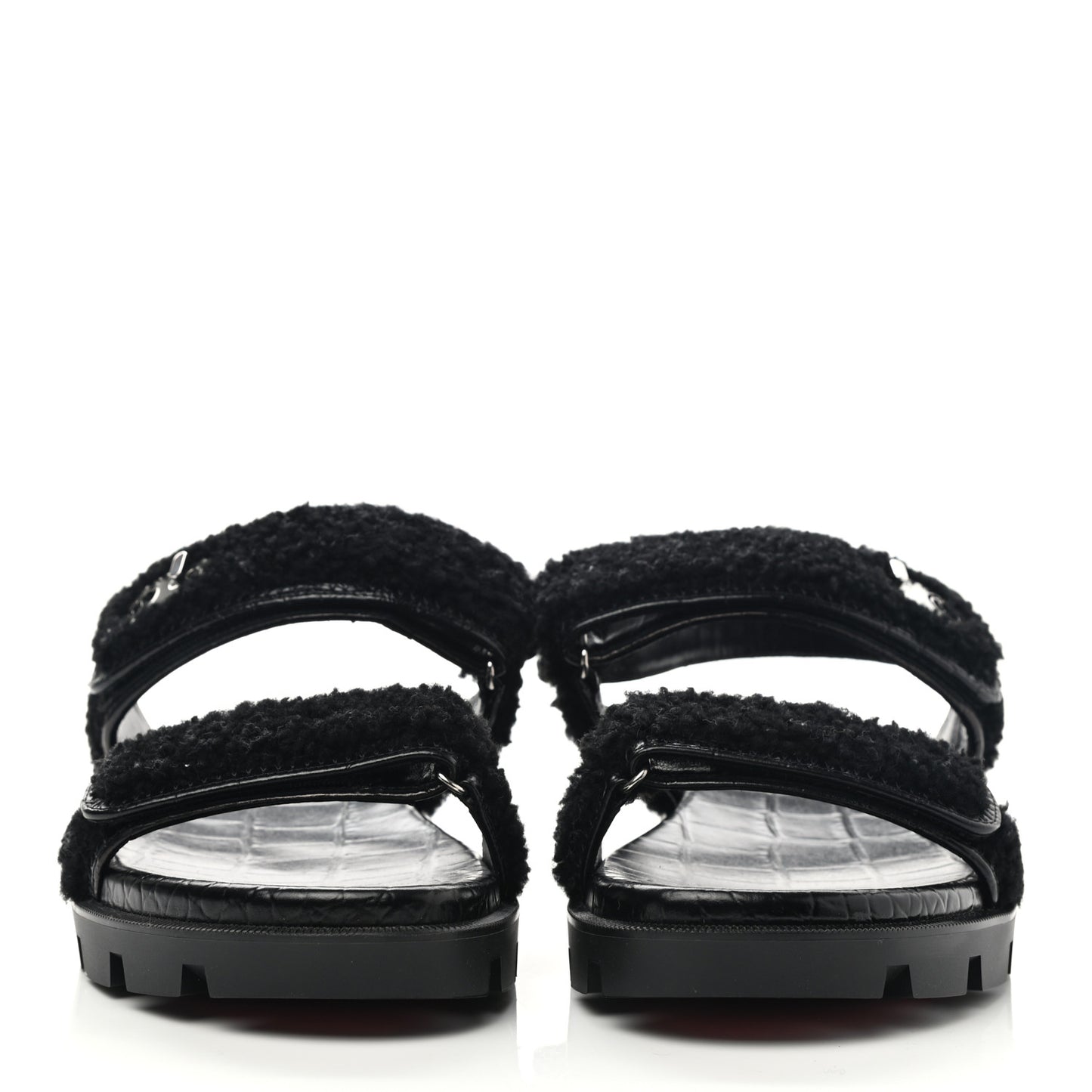 Calfskin Crocodile Embossed Lock Wool Flat Sandals 39 Black