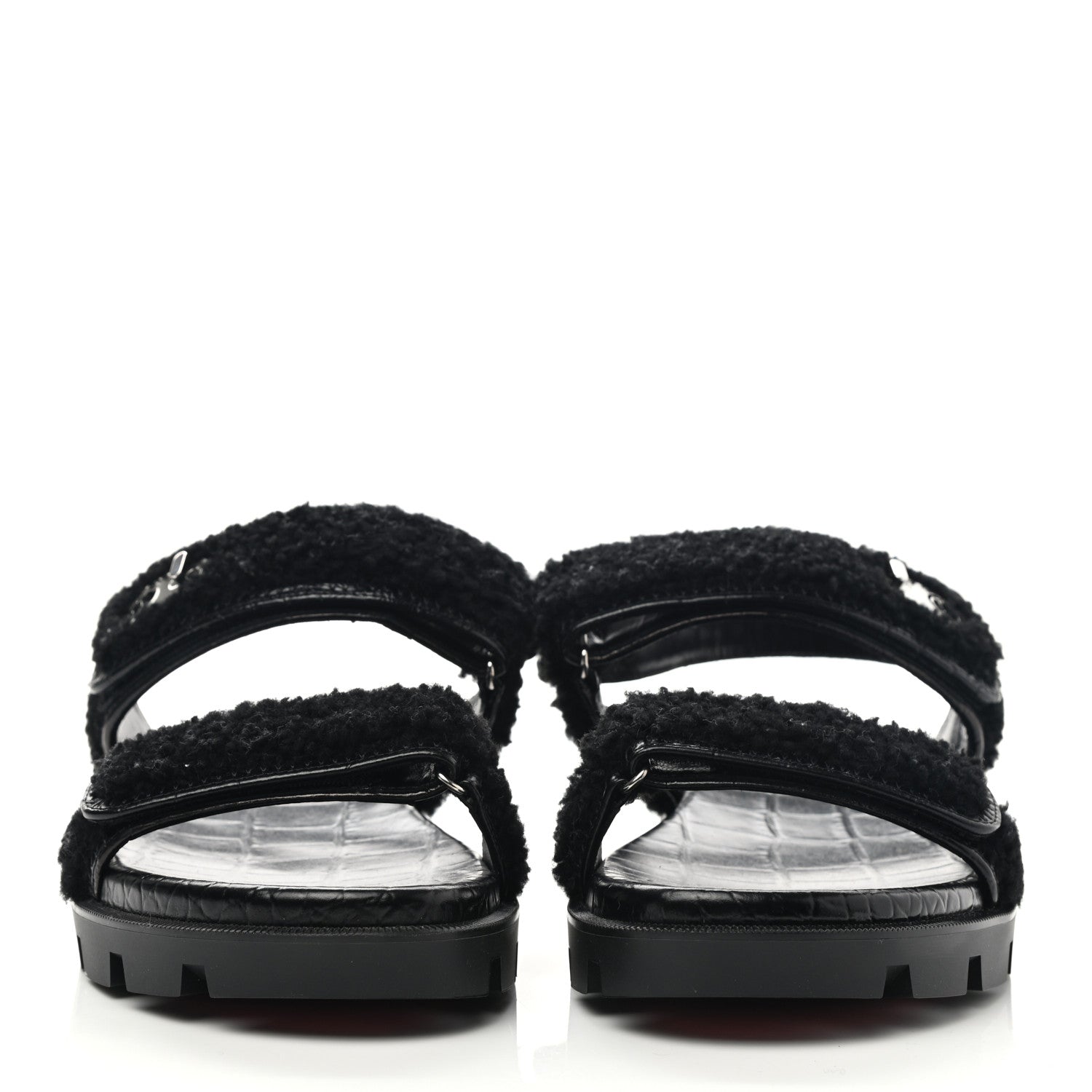 Christian Louboutin Calfskin Crocodile Embossed Lock Wool Flat Sandals 39 Black 2 of 8