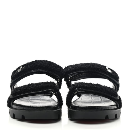 Christian Louboutin Calfskin Crocodile Embossed Lock Wool Flat Sandals 39 Black 2 of 8