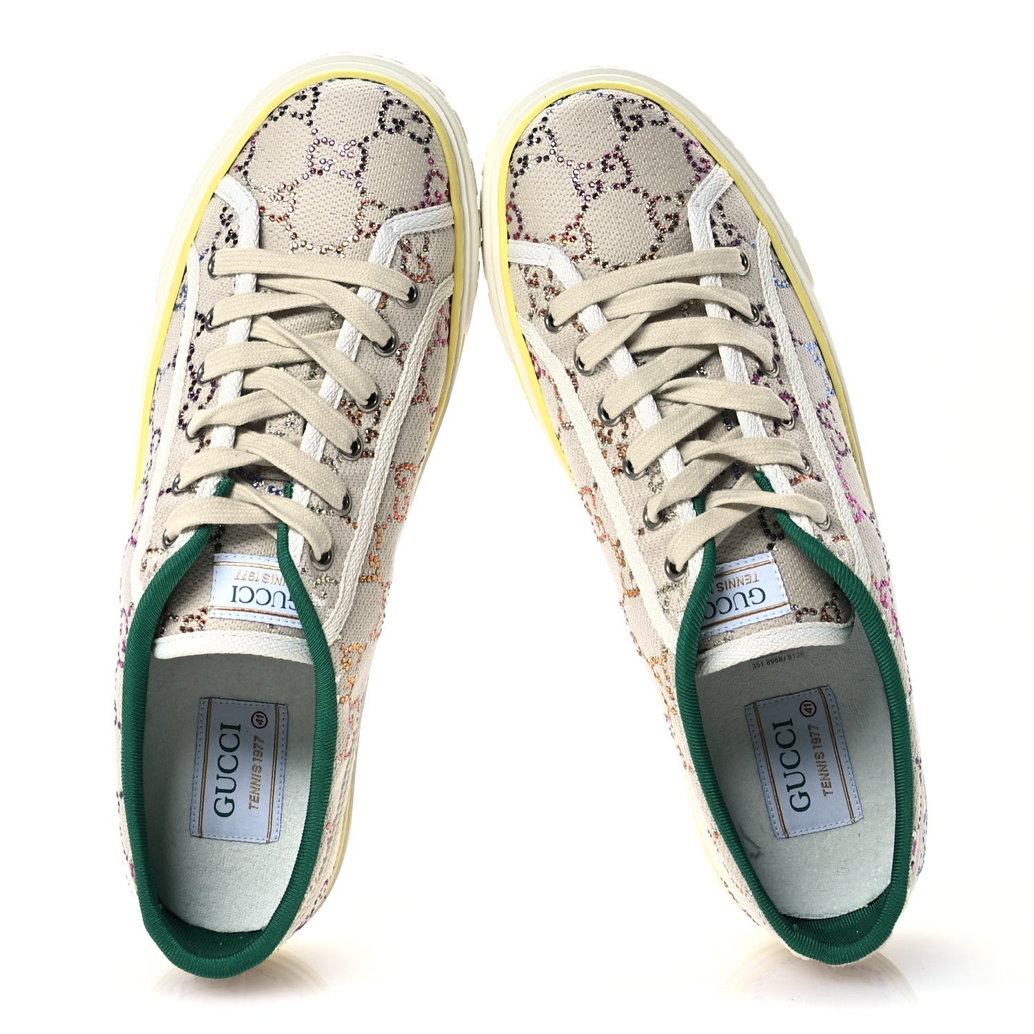 Gucci Canvas Lame Crystal GG Monogram Womens 1977 Tennis Sneakers 41 Gardenia Silver Mystic White 2 of 9