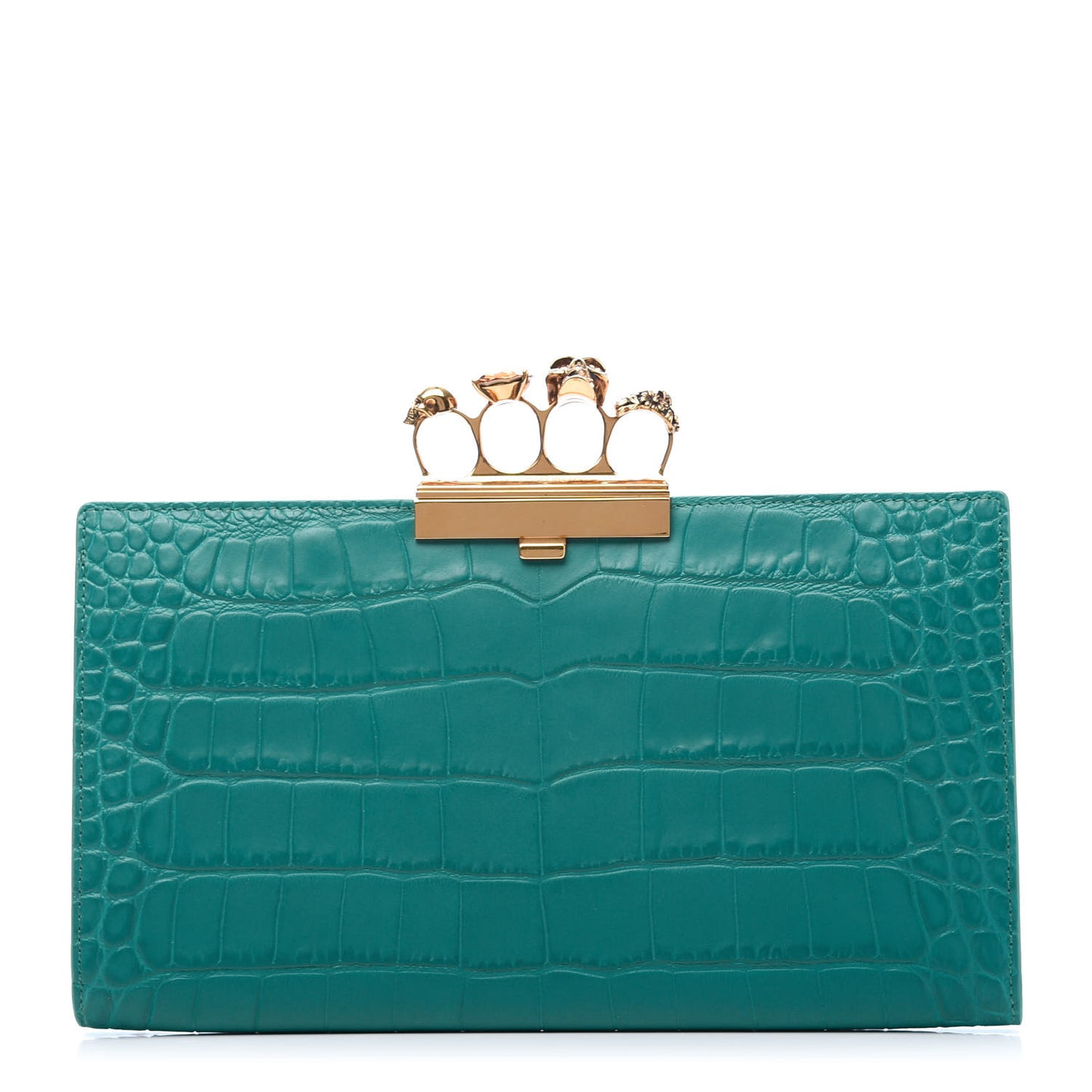 Calfskin Crocodile Embossed Knuckle Flat Clutch Green
