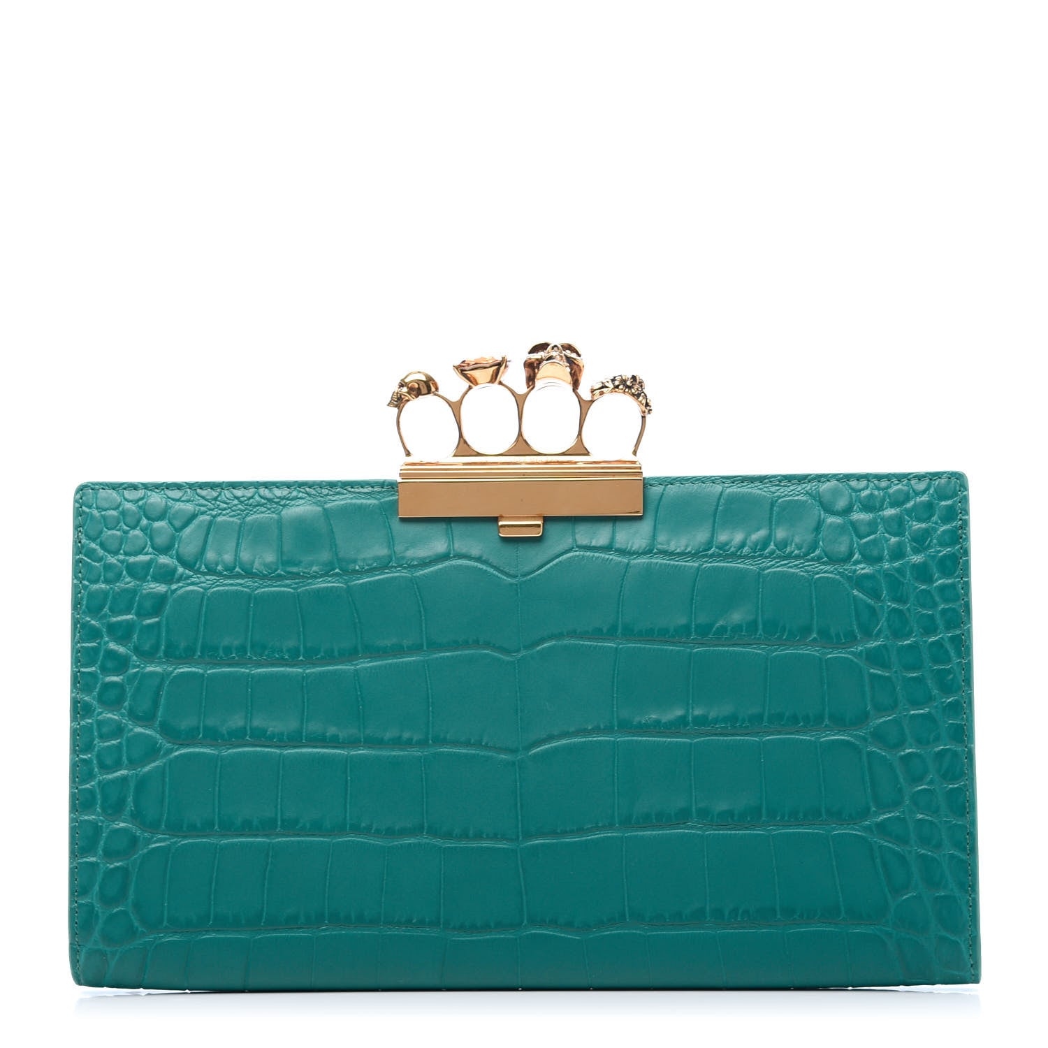 Alexander McQueen Calfskin Crocodile Embossed Knuckle Flat Clutch Green 1 of 10