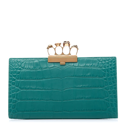 Alexander McQueen Calfskin Crocodile Embossed Knuckle Flat Clutch Green 1 of 10