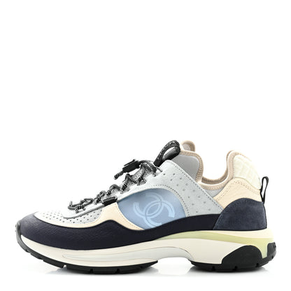 Chanel Fabric Suede Calfskin Mesh Womens CC Sneakers 40 Black Blue Ivory 1 of 8