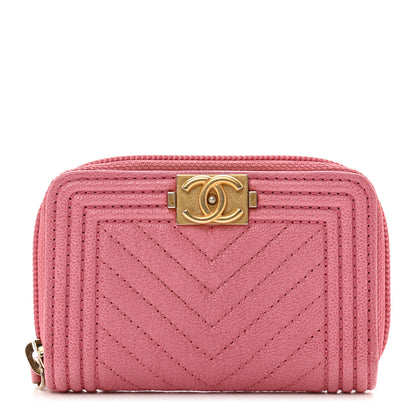 Chanel Caviar Chevron Quilted Boy Zip Around Coin Purse Wallet Pink 1 of 7