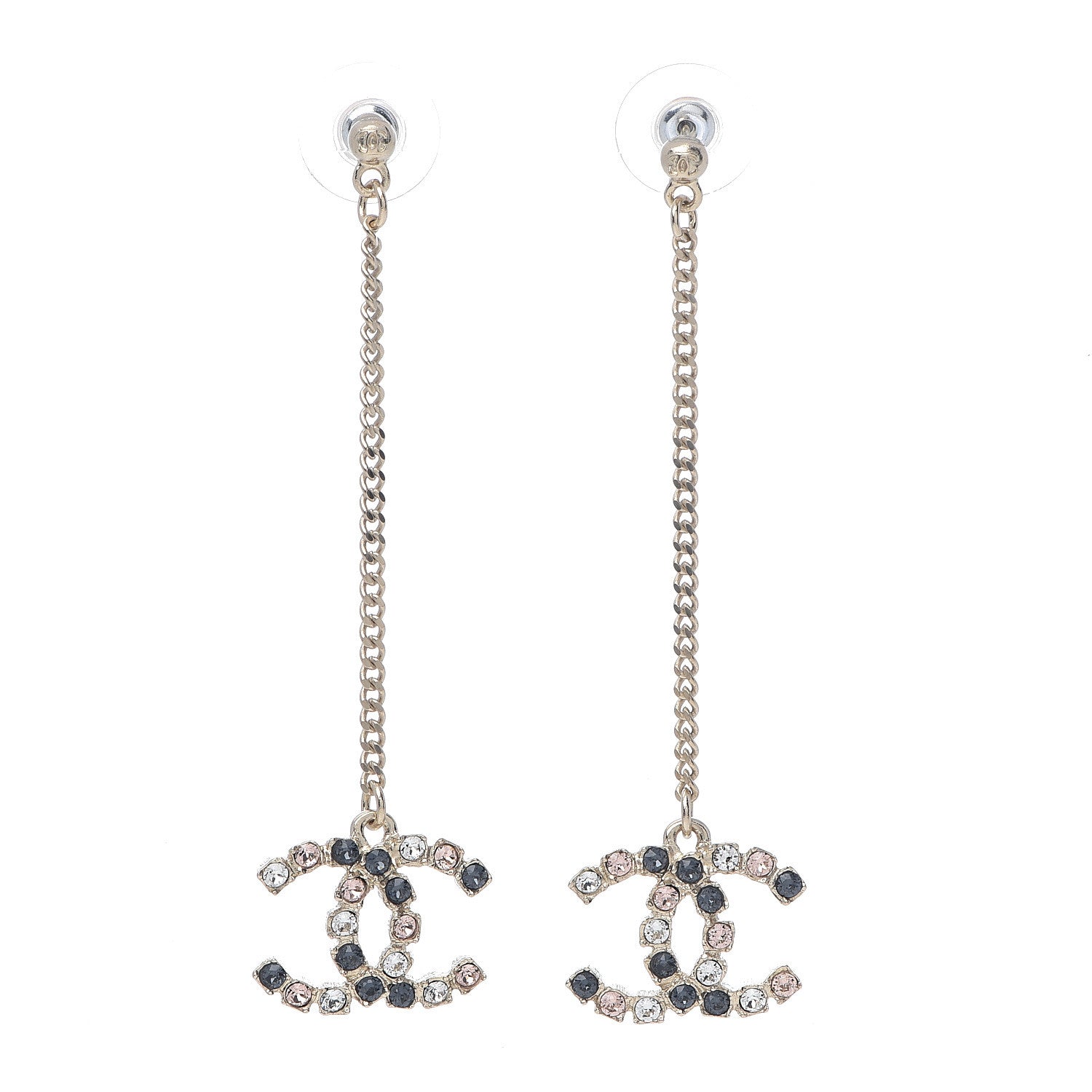 Chanel Crystal CC Drop Earrings Pink Grey Gold 1 of 5
