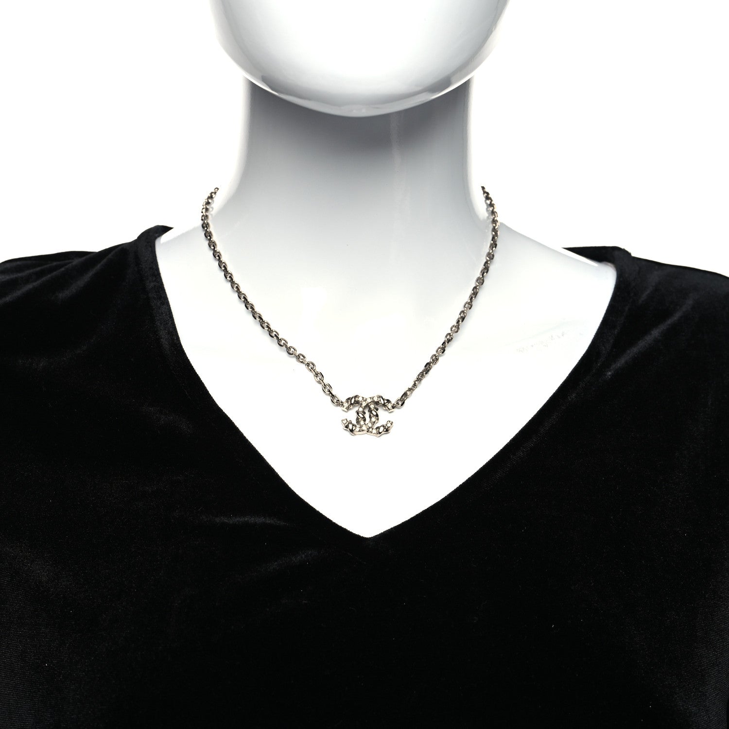 Chanel Crystal CC Pendant Necklace Silver 2 of 5