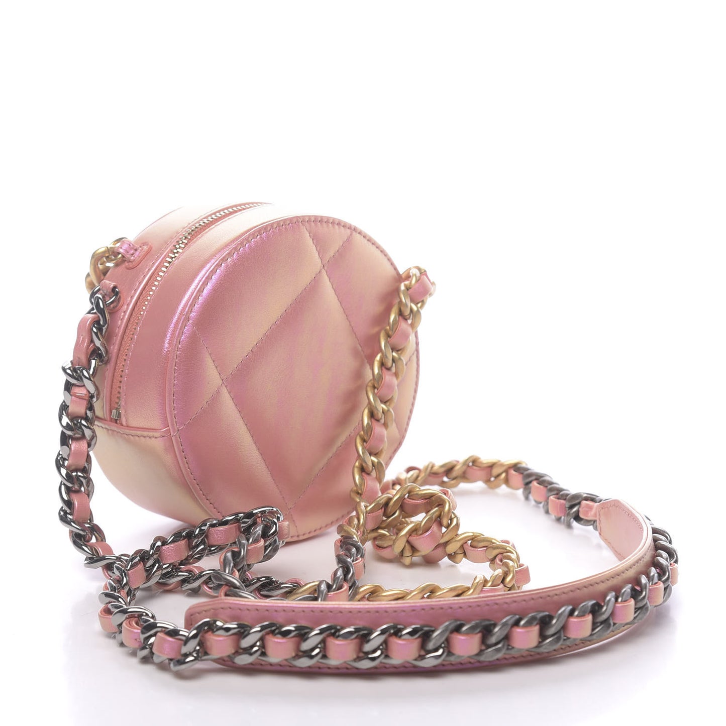 Iridescent Calfskin Quilted 19 Round Clutch With Chain Pink