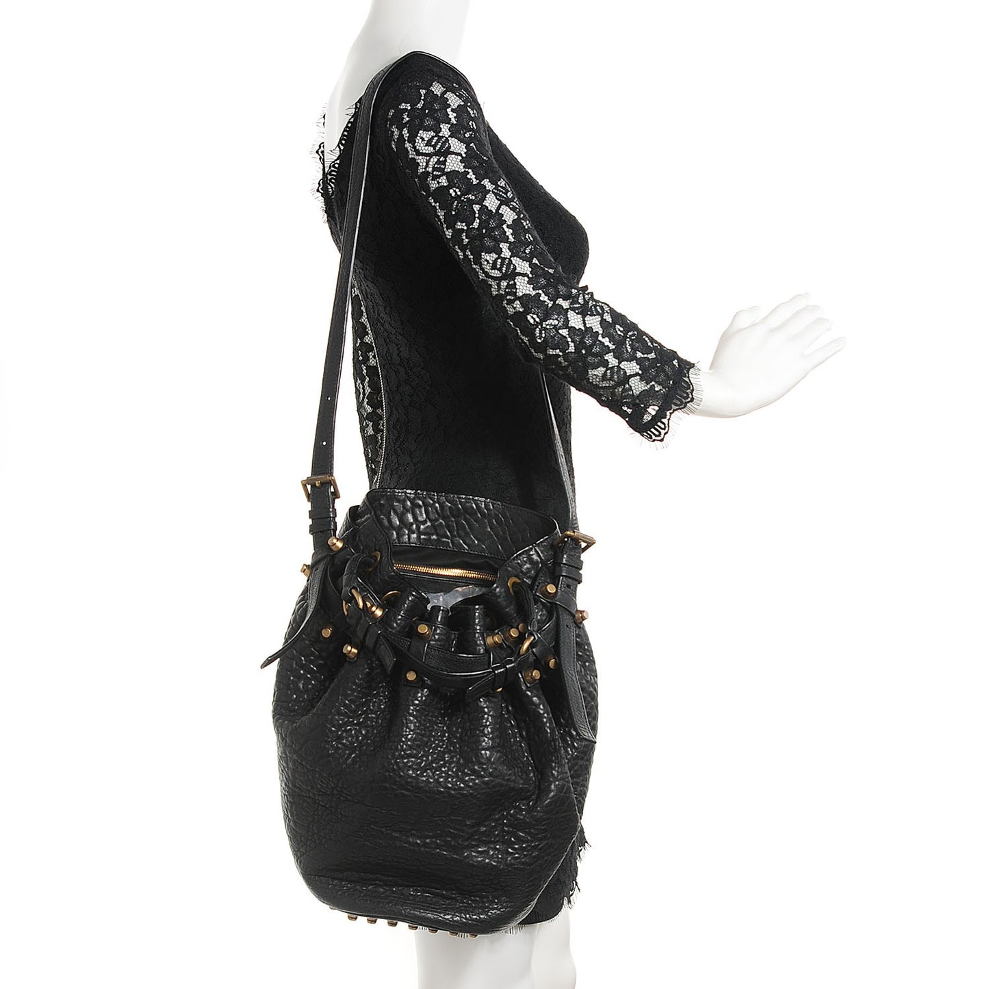 Pebbled Lambskin Diego Bucket Bag Black Antique Brass Hardware